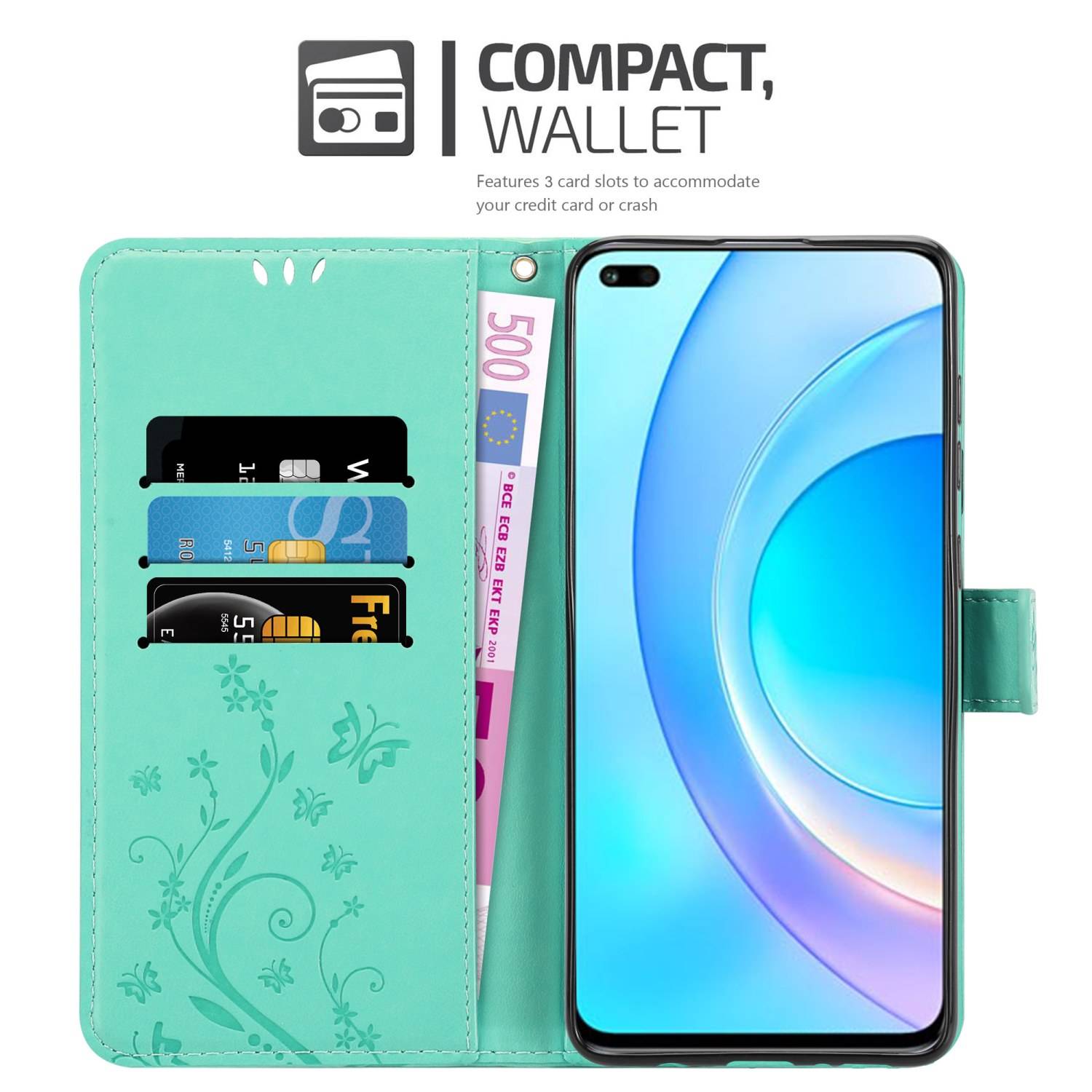 Cadorabo Hülle für Honor 50 LITE Schutz Hülle in Türkis Schutzhülle Handy Hülle Etui Case Blumen Flower