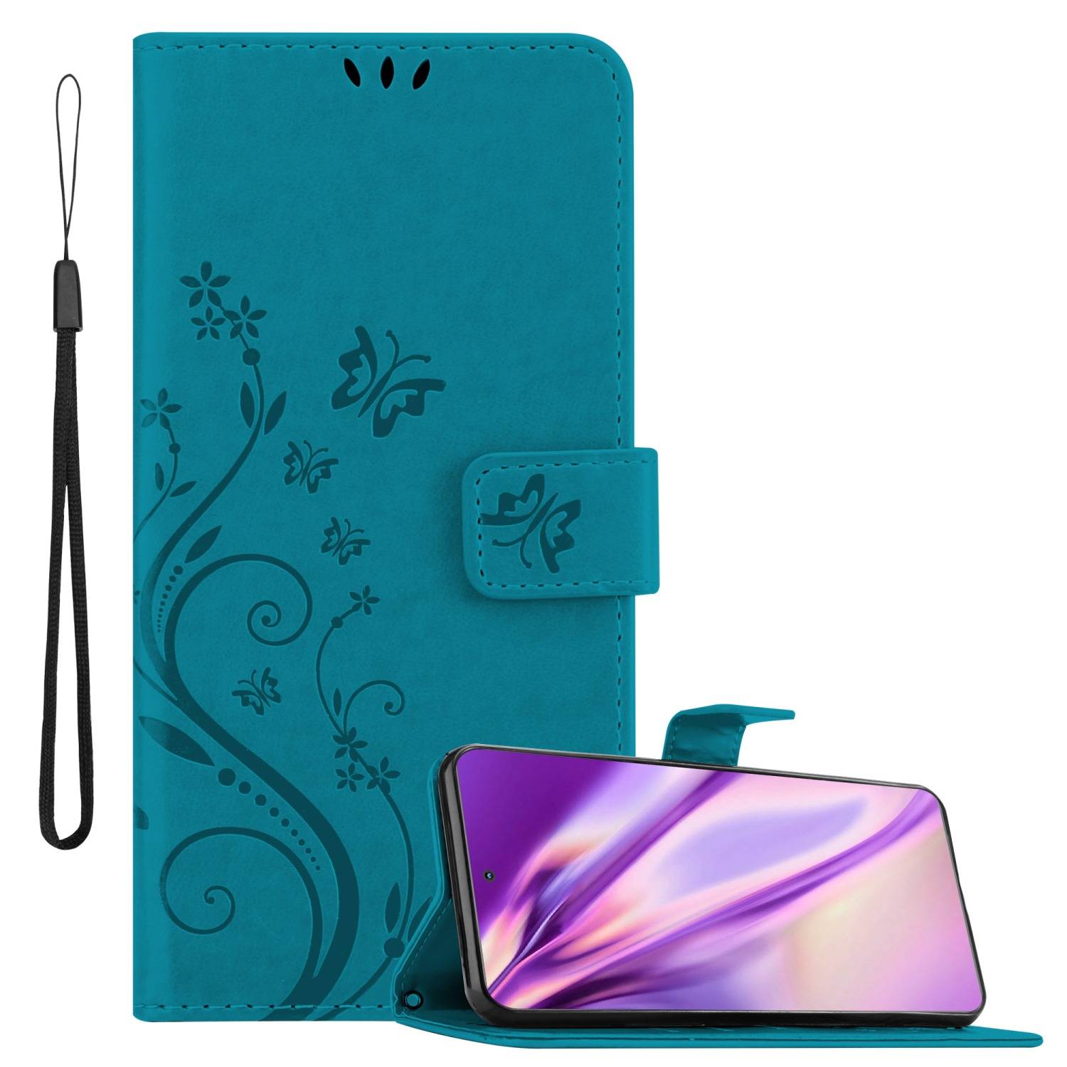Cadorabo Hülle für Motorola EDGE 20 Schutz Hülle in Blau Schutzhülle Handy Hülle Etui Case Blumen Flower