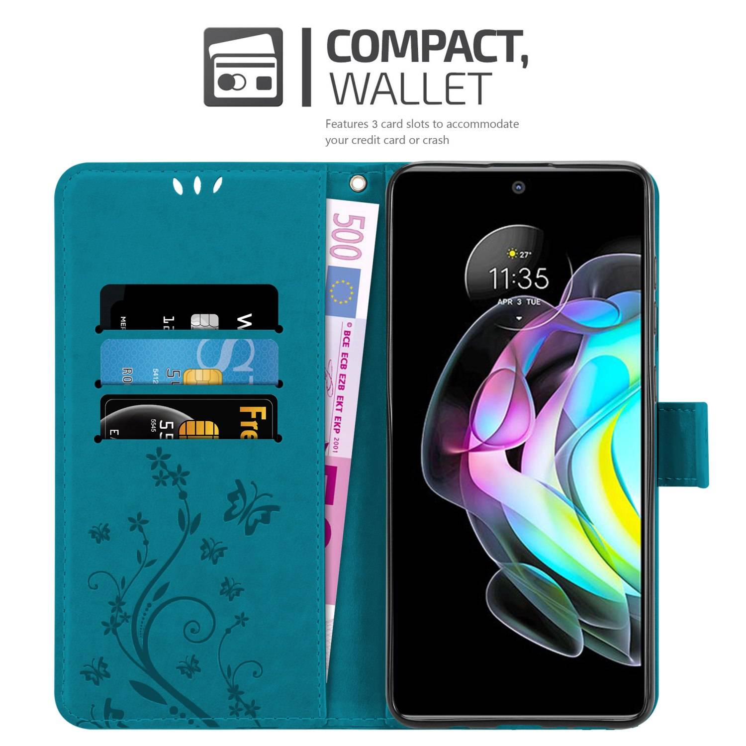 Cadorabo Hülle für Motorola EDGE 20 Schutz Hülle in Blau Schutzhülle Handy Hülle Etui Case Blumen Flower