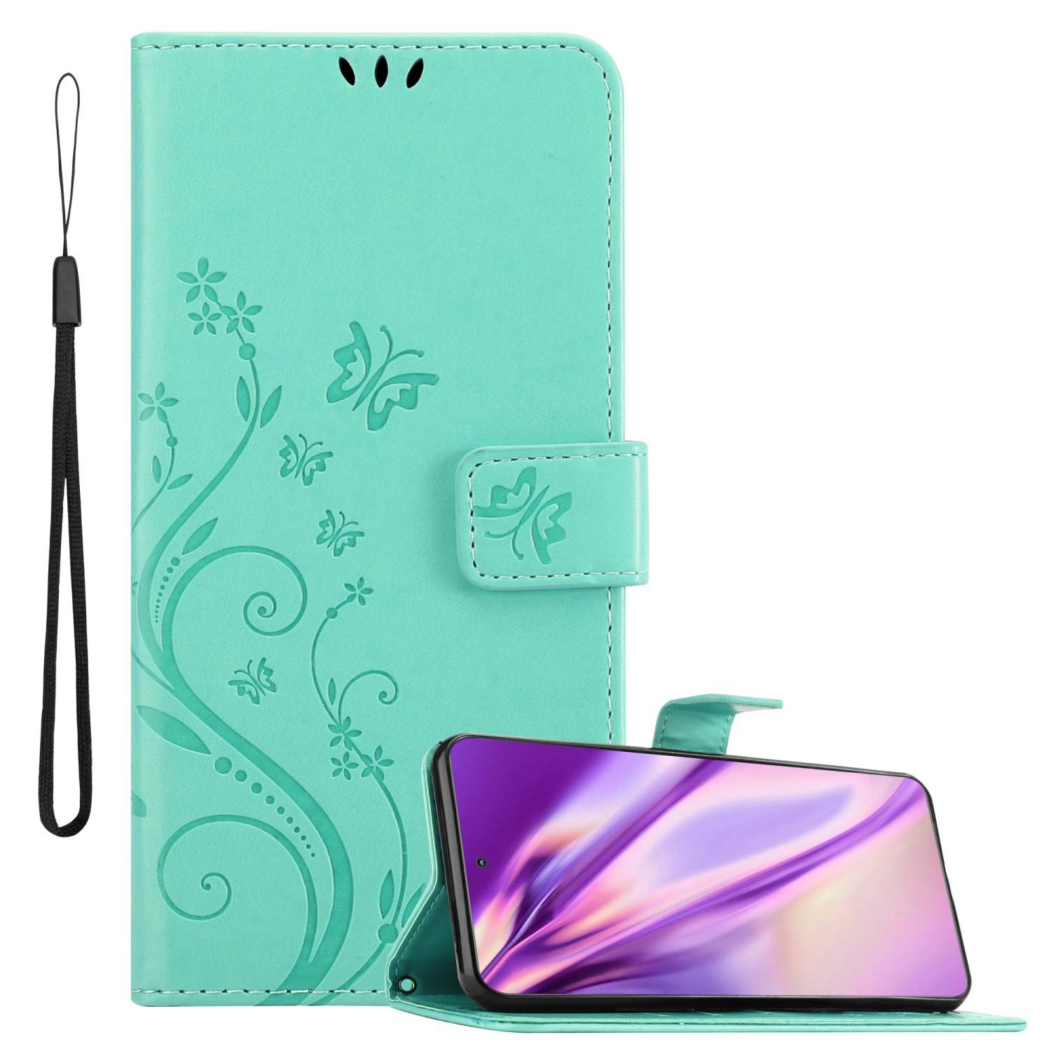 Cadorabo Hülle für Motorola EDGE 20 Schutz Hülle in Türkis Schutzhülle Handy Hülle Etui Case Blumen Flower
