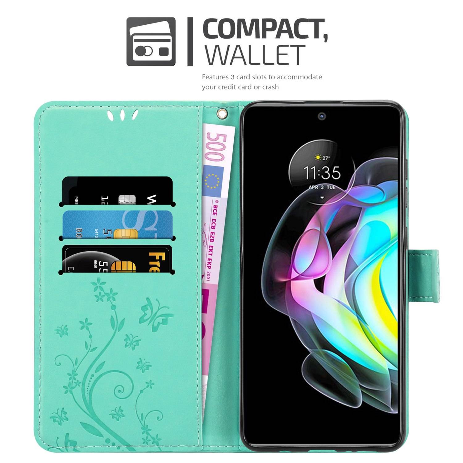 Cadorabo Hülle für Motorola EDGE 20 Schutz Hülle in Türkis Schutzhülle Handy Hülle Etui Case Blumen Flower