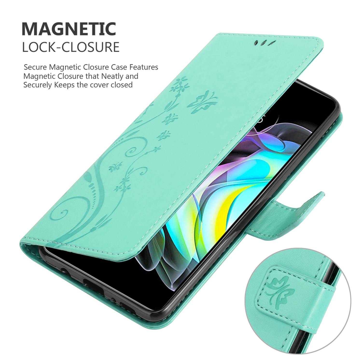Cadorabo Hülle für Motorola EDGE 20 Schutz Hülle in Türkis Schutzhülle Handy Hülle Etui Case Blumen Flower