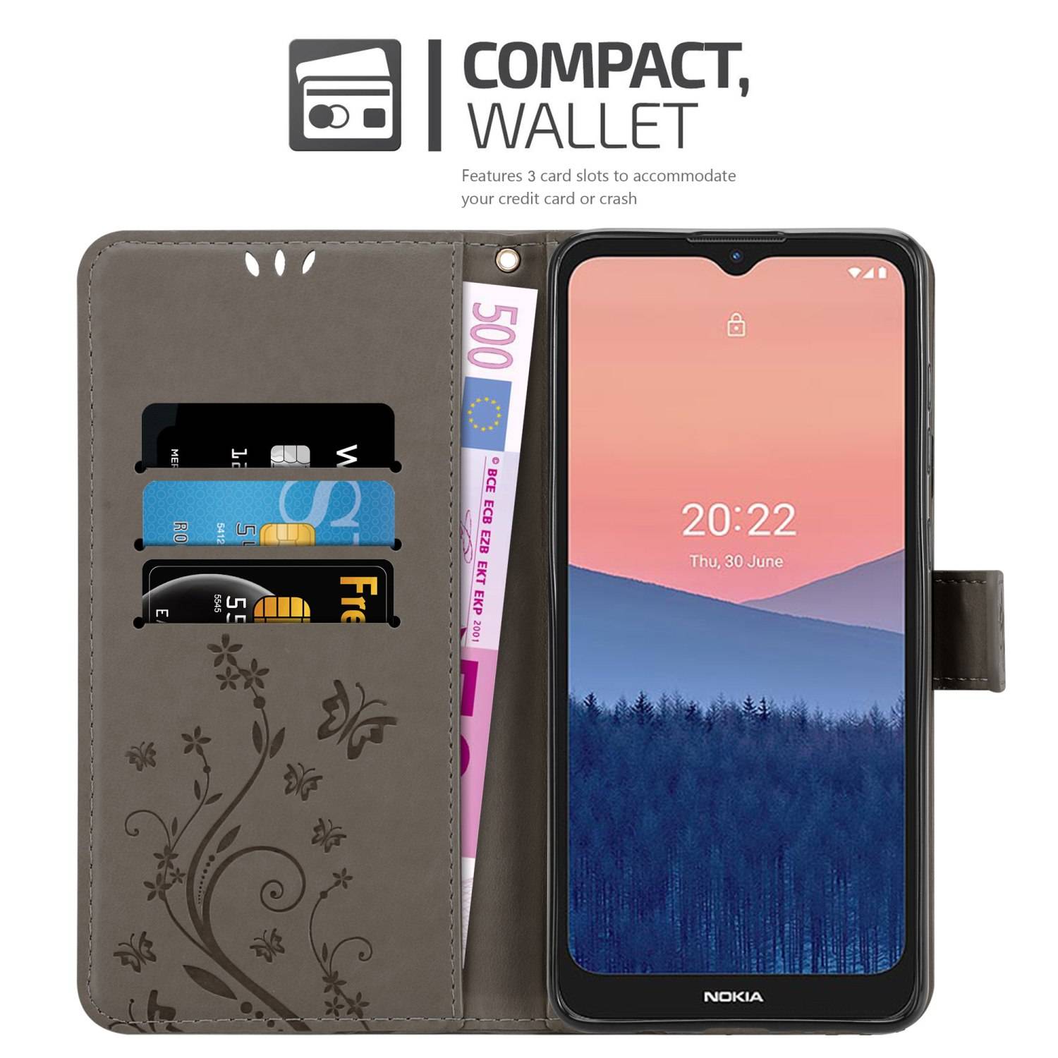 Cadorabo Hülle für Nokia C21 Schutz Hülle in Grau Schutzhülle Handy Hülle Etui Case Blumen Flower