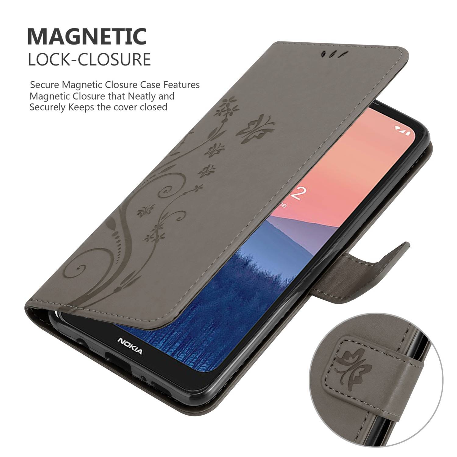 Cadorabo Hülle für Nokia C21 Schutz Hülle in Grau Schutzhülle Handy Hülle Etui Case Blumen Flower