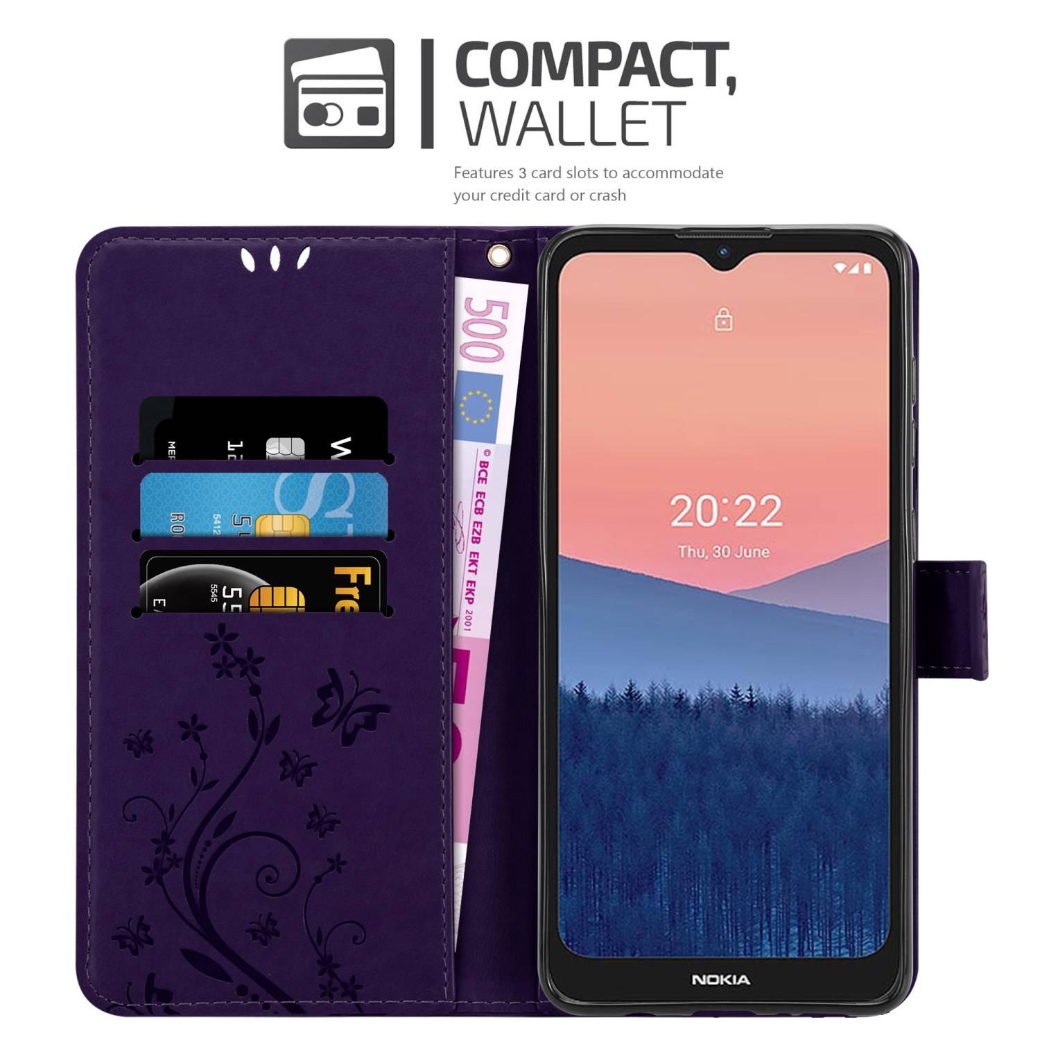 Cadorabo Hülle für Nokia C21 Schutz Hülle in Lila Schutzhülle Handy Hülle Etui Case Blumen Flower