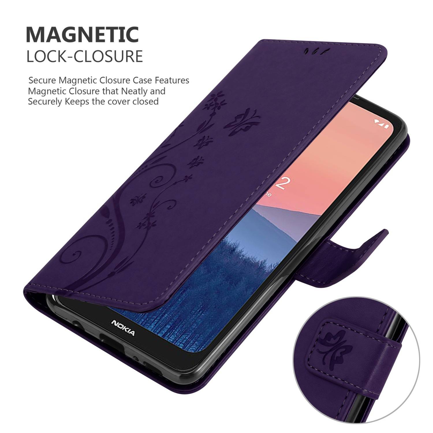 Cadorabo Hülle für Nokia C21 Schutz Hülle in Lila Schutzhülle Handy Hülle Etui Case Blumen Flower