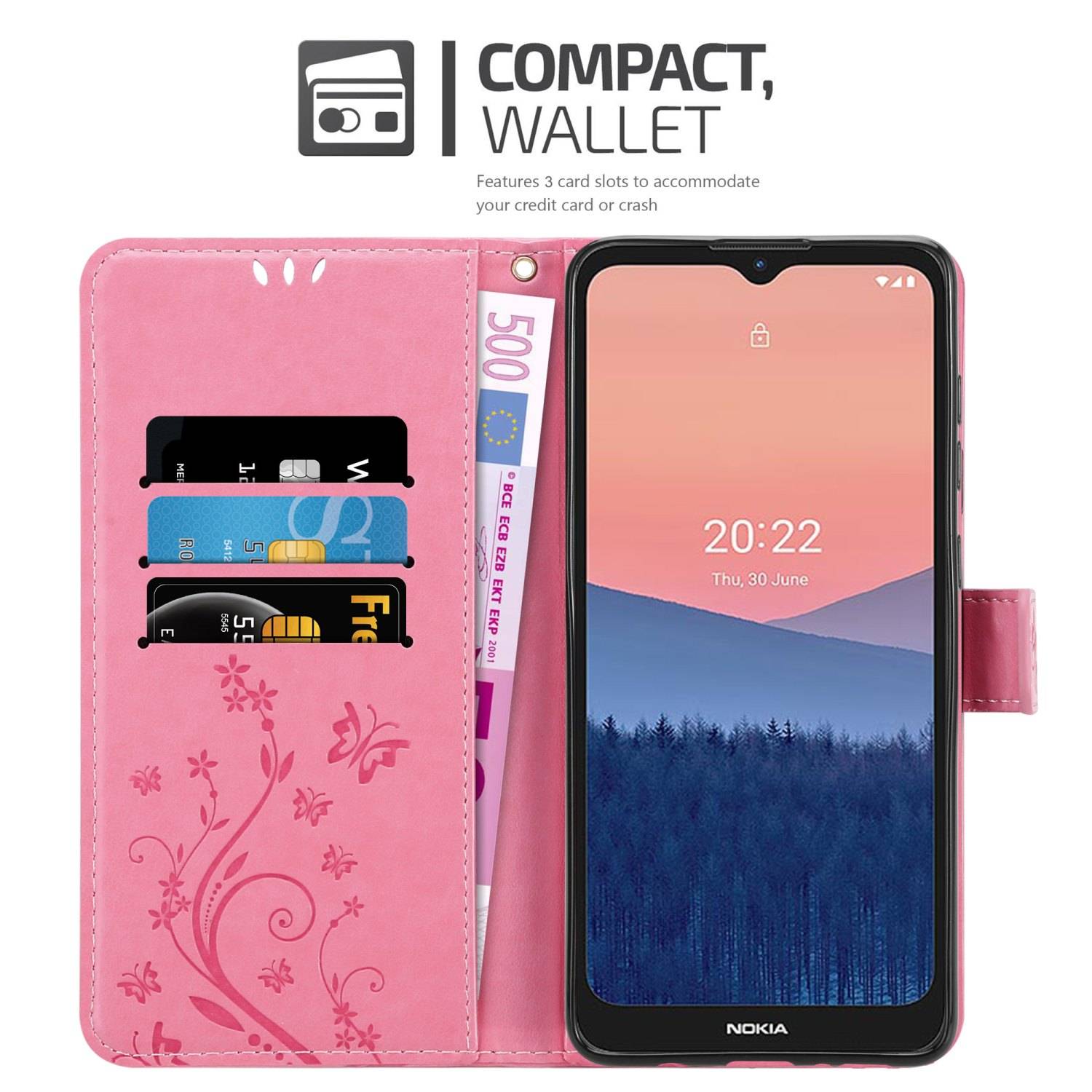 Cadorabo Hülle für Nokia C21 Schutz Hülle in Rosa Schutzhülle Handy Hülle Etui Case Blumen Flower