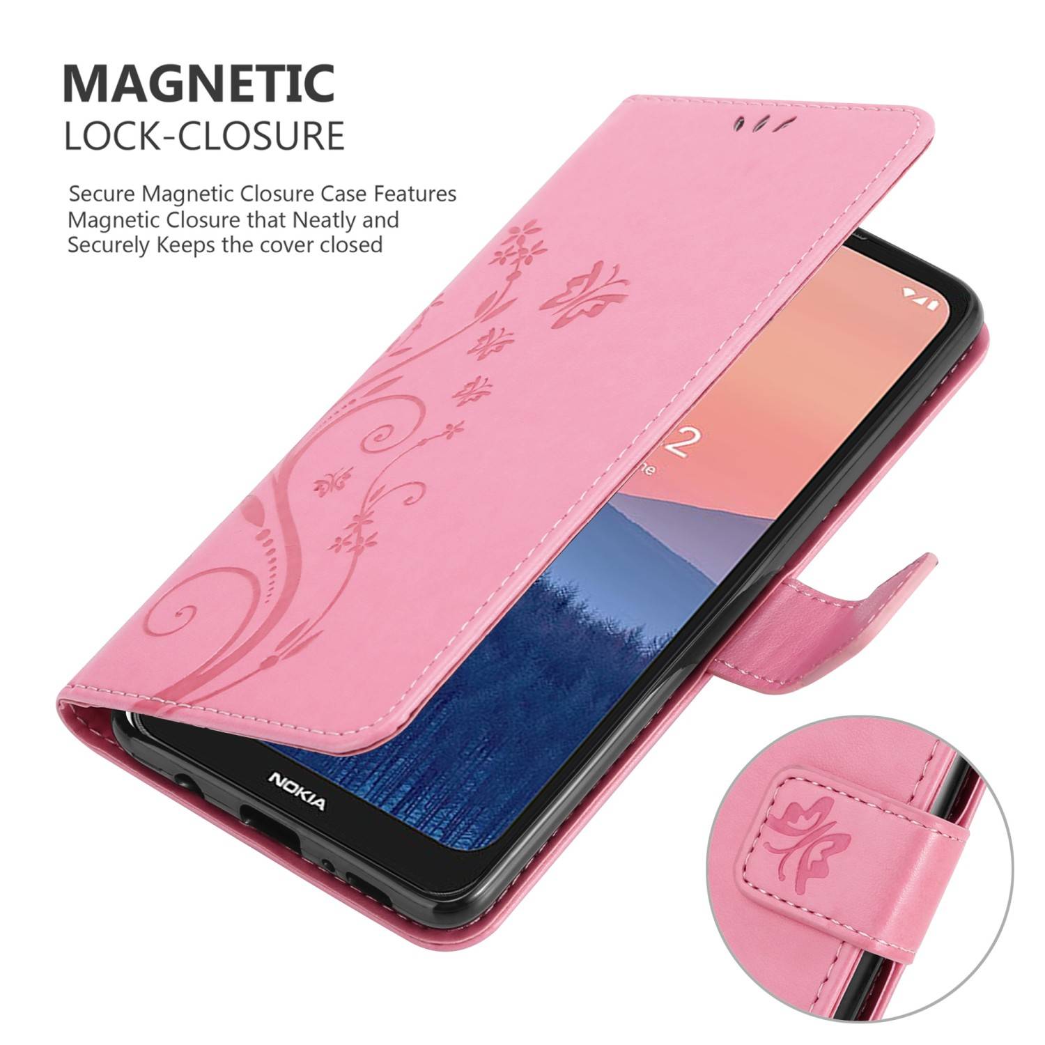 Cadorabo Hülle für Nokia C21 Schutz Hülle in Rosa Schutzhülle Handy Hülle Etui Case Blumen Flower