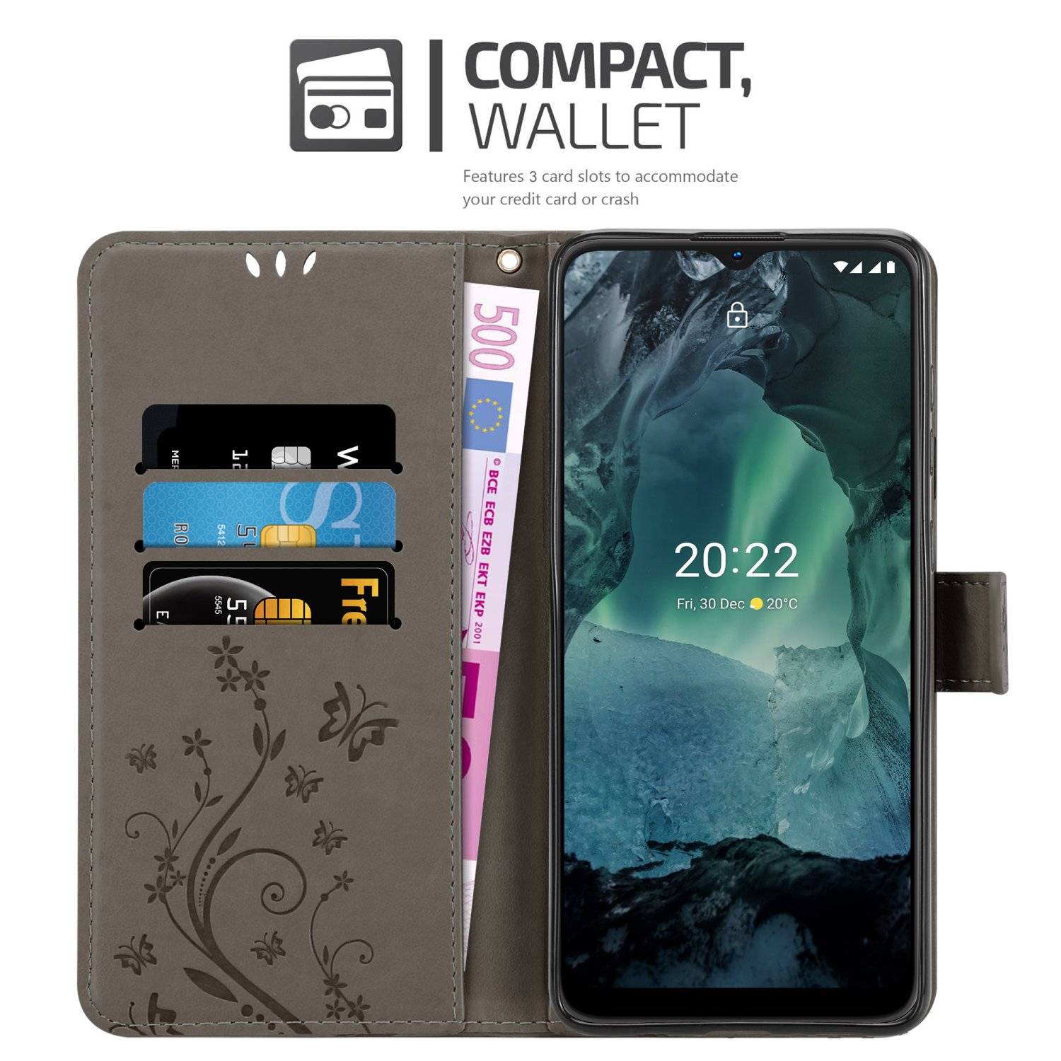 Cadorabo Hülle für Nokia G11 / G21 Schutz Hülle in Grau Schutzhülle Handy Hülle Etui Case Blumen Flower
