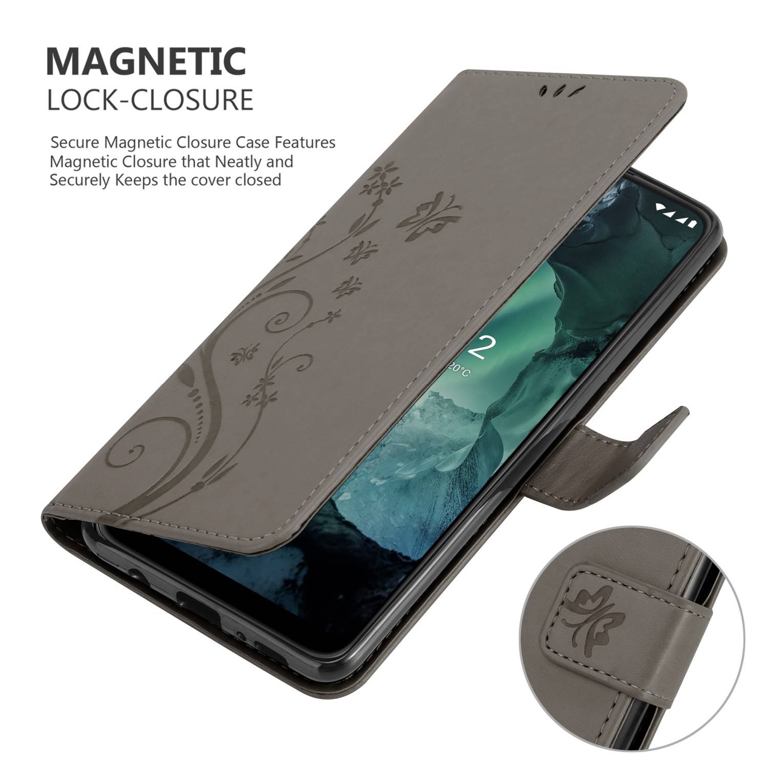 Cadorabo Hülle für Nokia G11 / G21 Schutz Hülle in Grau Schutzhülle Handy Hülle Etui Case Blumen Flower