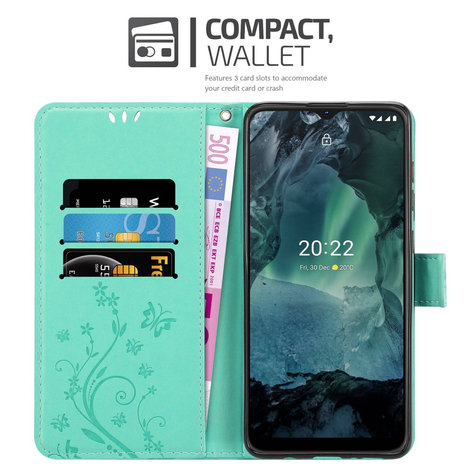 Cadorabo Hülle für Nokia G11 / G21 Schutz Hülle in Türkis Schutzhülle Handy Hülle Etui Case Blumen Flower