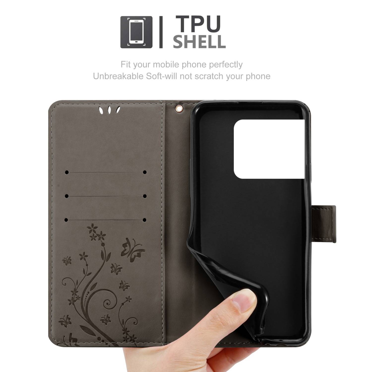 Cadorabo Hülle für OnePlus 10 PRO 5G Schutz Hülle in Grau Schutzhülle Handy Hülle Etui Case Blumen Flower