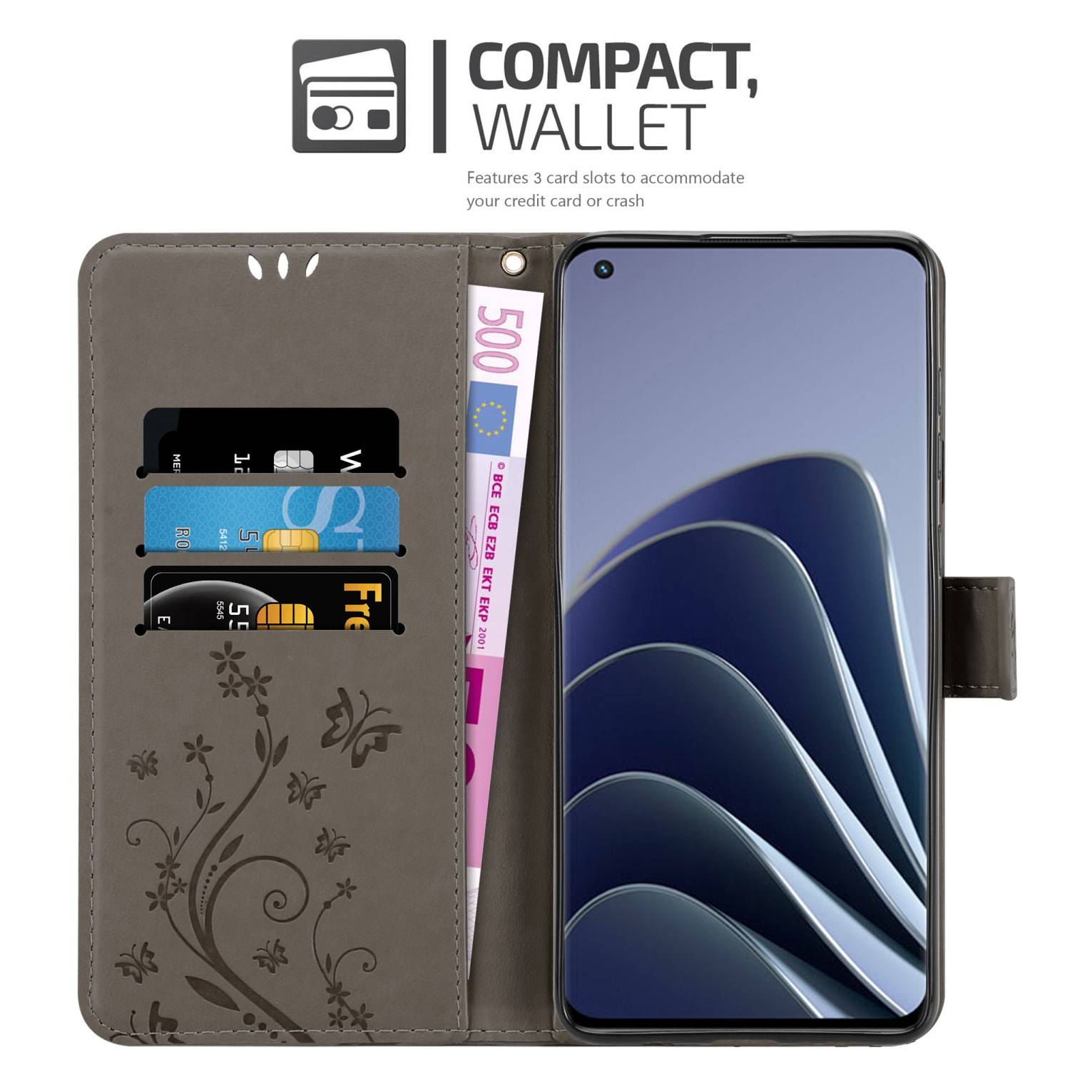 Cadorabo Hülle für OnePlus 10 PRO 5G Schutz Hülle in Grau Schutzhülle Handy Hülle Etui Case Blumen Flower