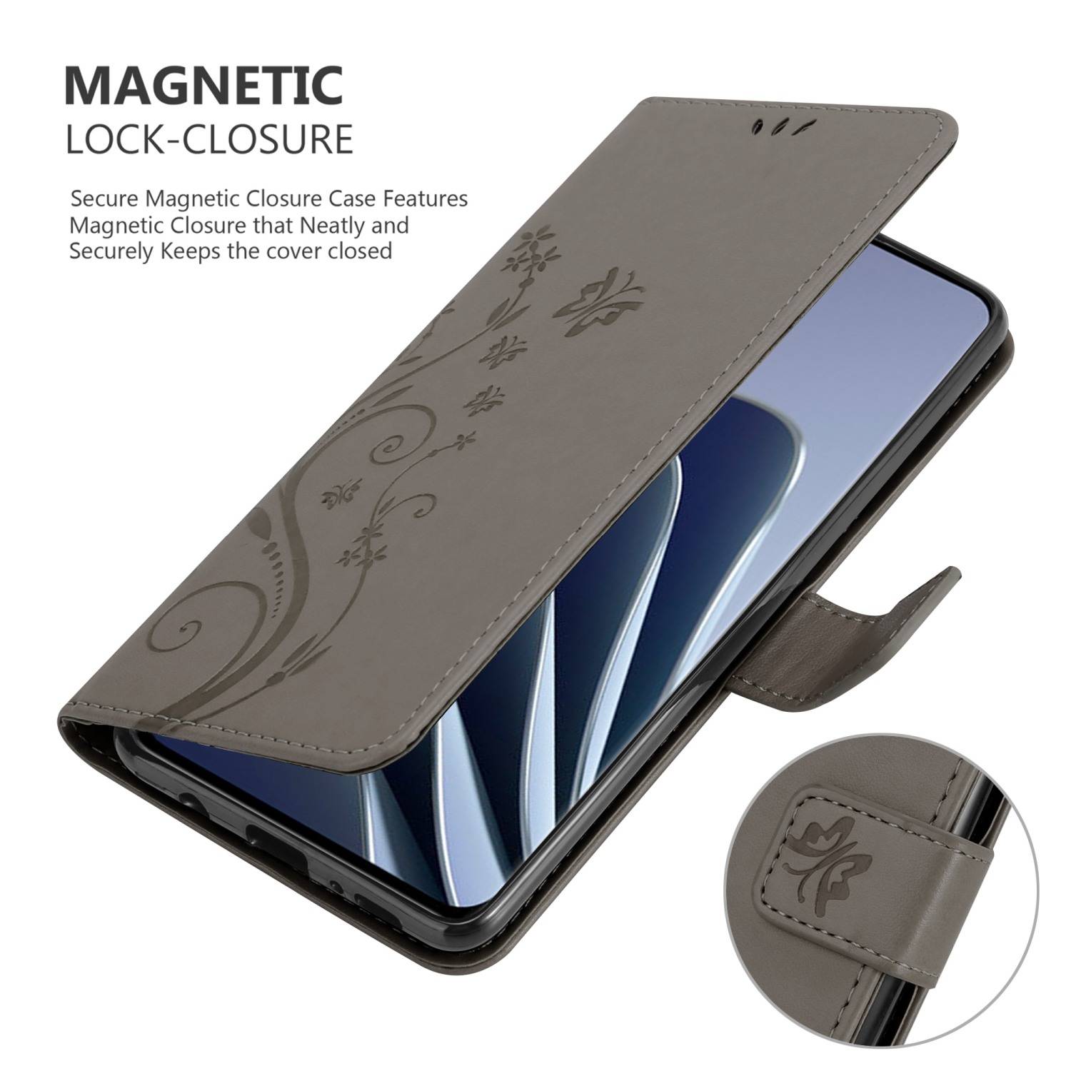 Cadorabo Hülle für OnePlus 10 PRO 5G Schutz Hülle in Grau Schutzhülle Handy Hülle Etui Case Blumen Flower