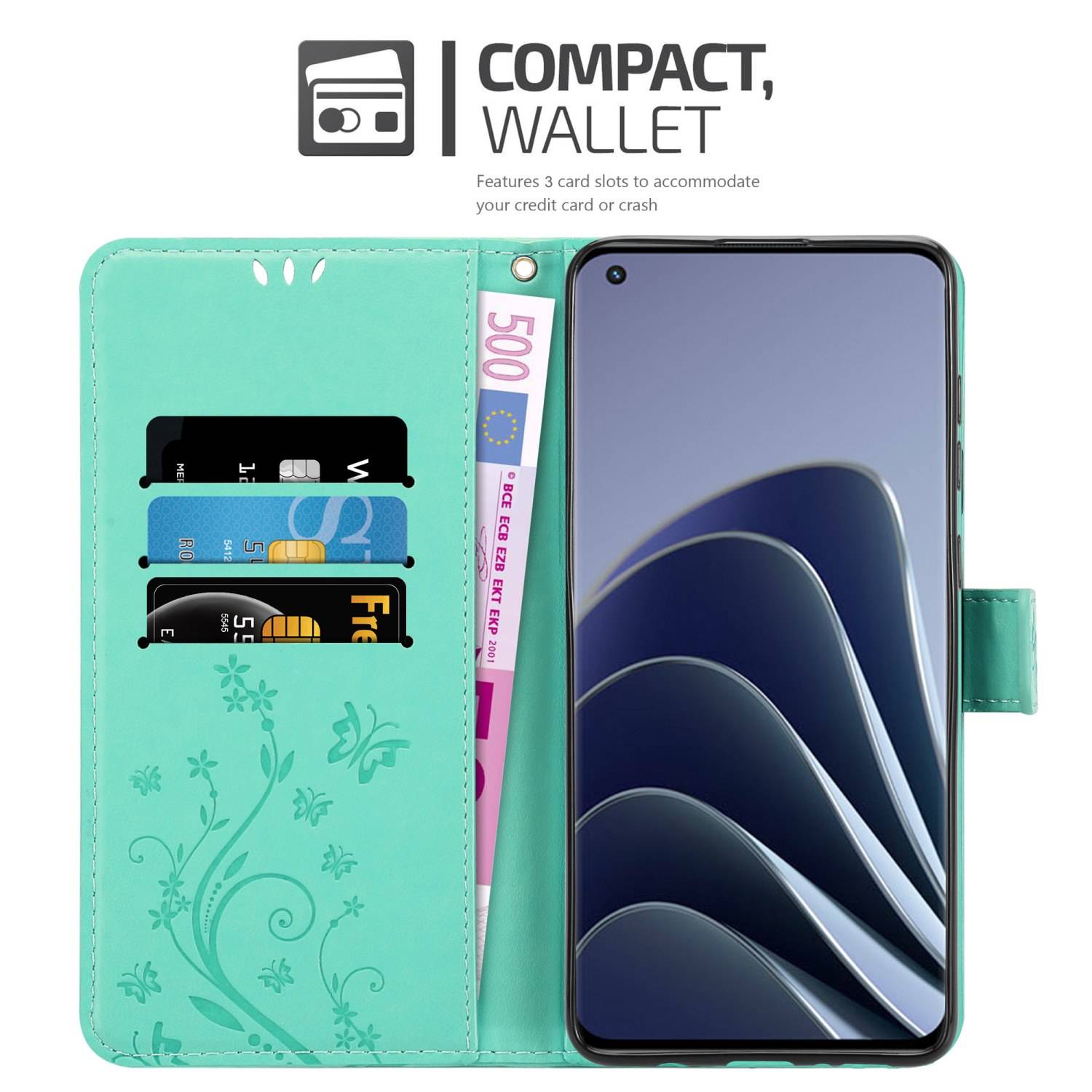Cadorabo Hülle für OnePlus 10 PRO 5G Schutz Hülle in Türkis Schutzhülle Handy Hülle Etui Case Blumen Flower