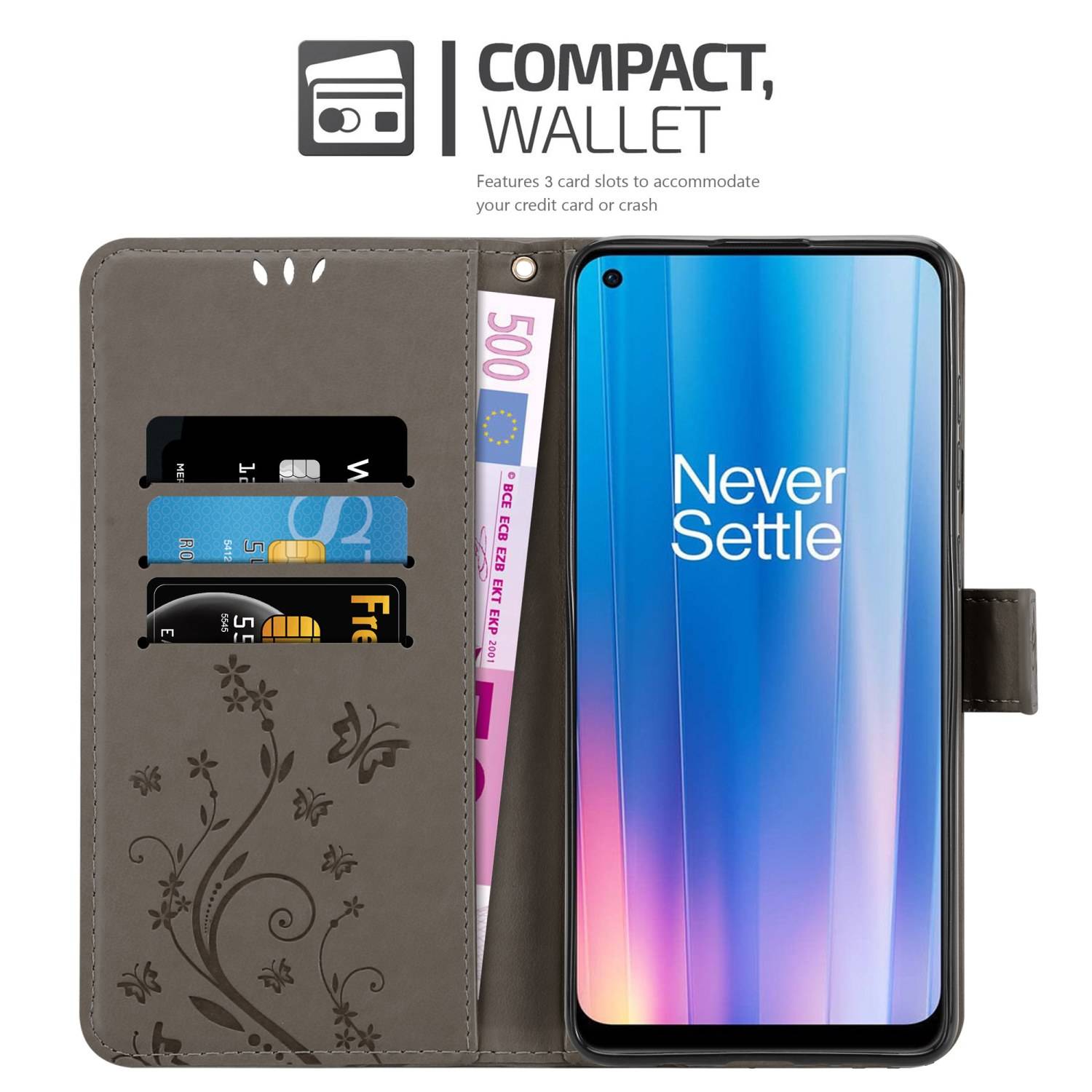 Cadorabo Hülle für OnePlus Nord CE 2 5G Schutz Hülle in Grau Schutzhülle Handy Hülle Etui Case Blumen Flower