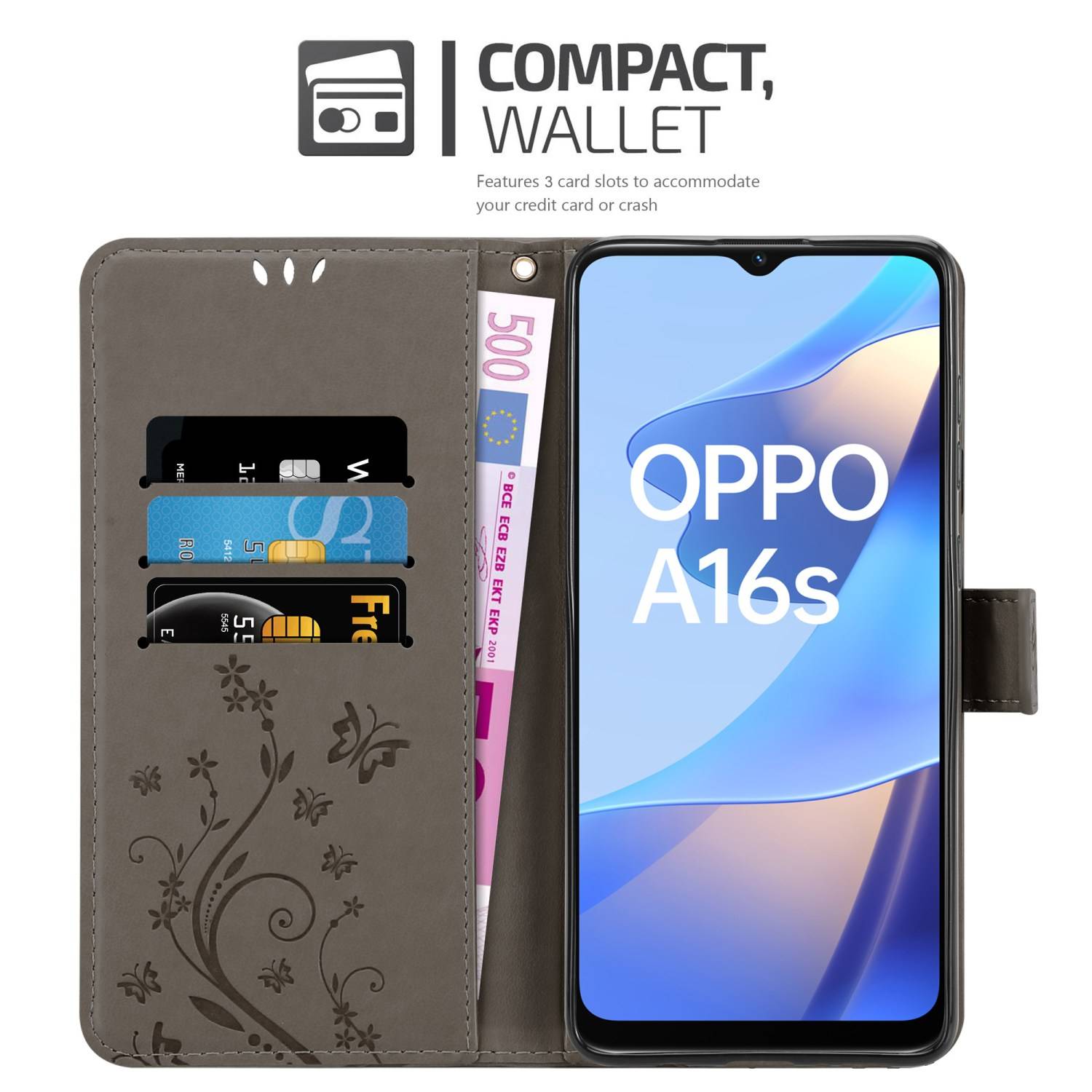 Cadorabo Hülle für Oppo A16s / A54s Schutz Hülle in Grau Schutzhülle Handy Hülle Etui Case Blumen Flower