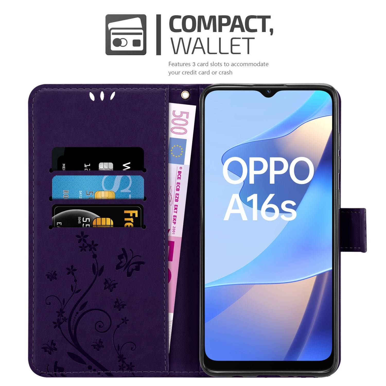 Cadorabo Hülle für Oppo A16s / A54s Schutz Hülle in Lila Schutzhülle Handy Hülle Etui Case Blumen Flower