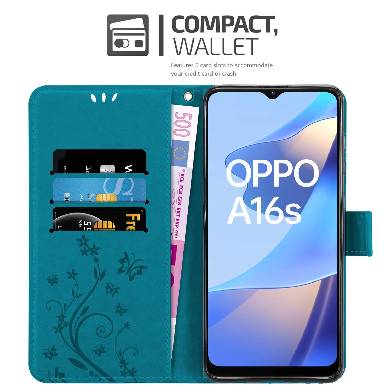 Cadorabo Hülle für Oppo A16s / A54s Schutz Hülle in Blau Schutzhülle Handy Hülle Etui Case Blumen Flower
