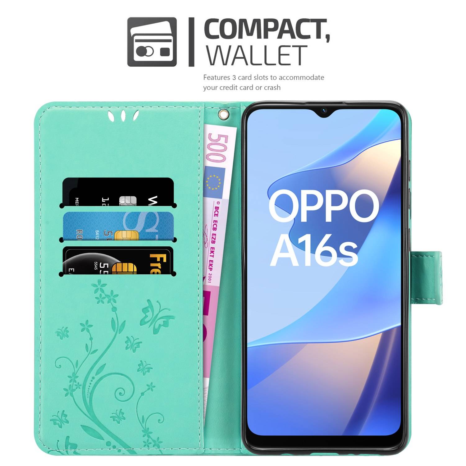 Cadorabo Hülle für Oppo A16s / A54s Schutz Hülle in Türkis Schutzhülle Handy Hülle Etui Case Blumen Flower