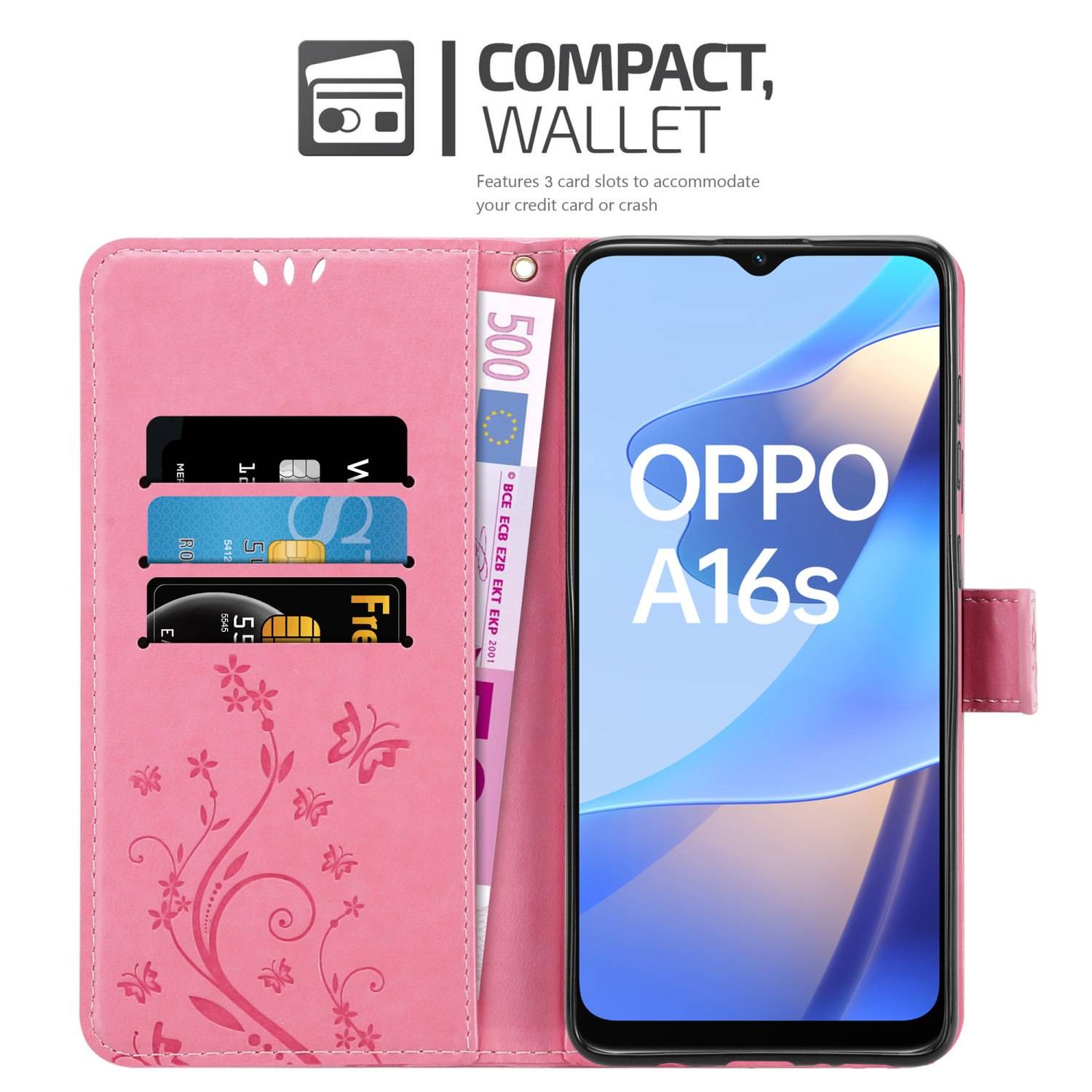 Cadorabo Hülle für Oppo A16s / A54s Schutz Hülle in Rosa Schutzhülle Handy Hülle Etui Case Blumen Flower