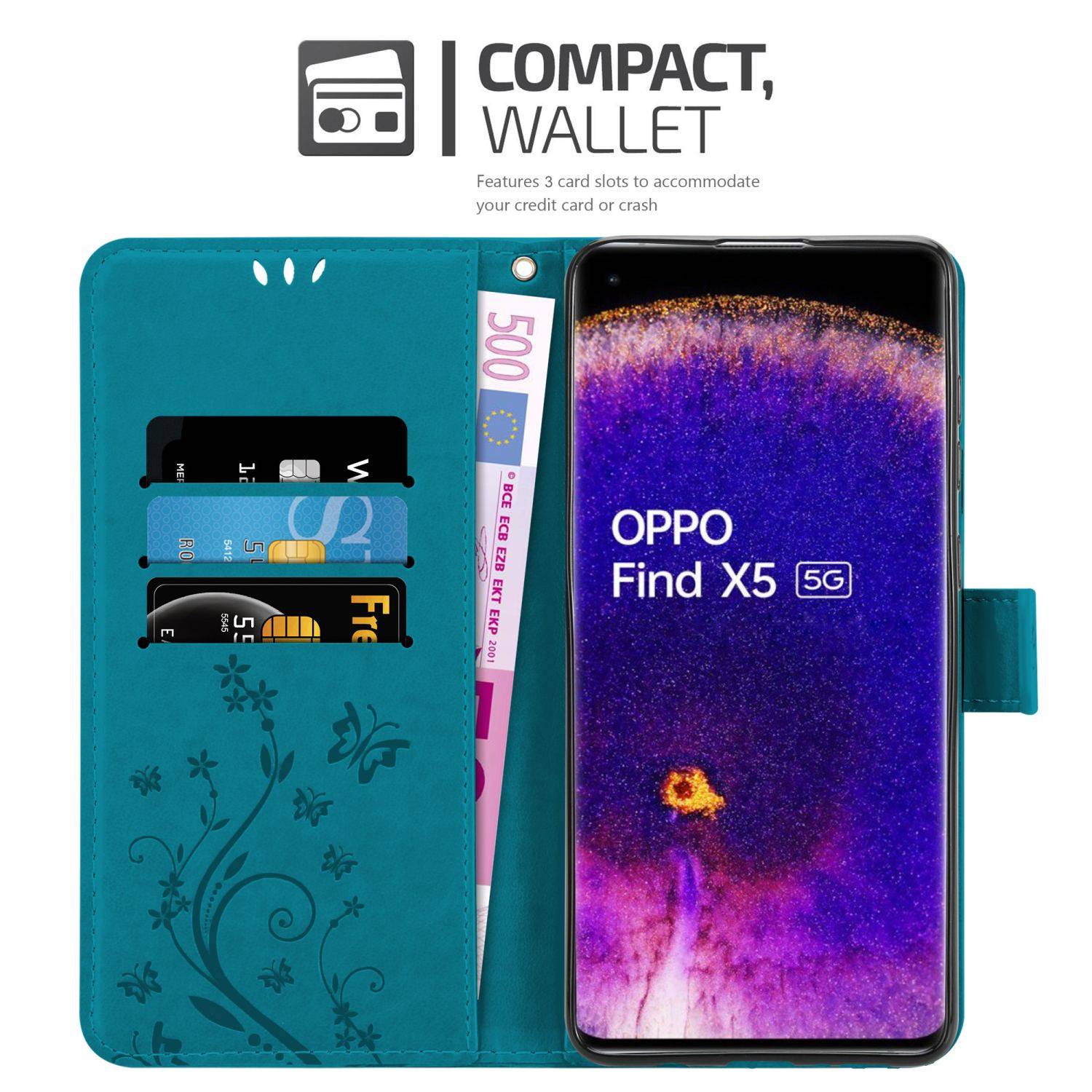 Cadorabo Hülle für Oppo FIND X5 Schutz Hülle in Blau Schutzhülle Handy Hülle Etui Case Blumen Flower