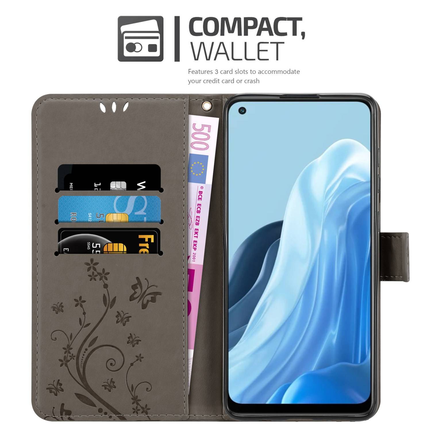 Cadorabo Hülle für Oppo FIND X5 LITE / Reno7 5G Schutz Hülle in Grau Schutzhülle Handy Hülle Etui Case Blumen Flower