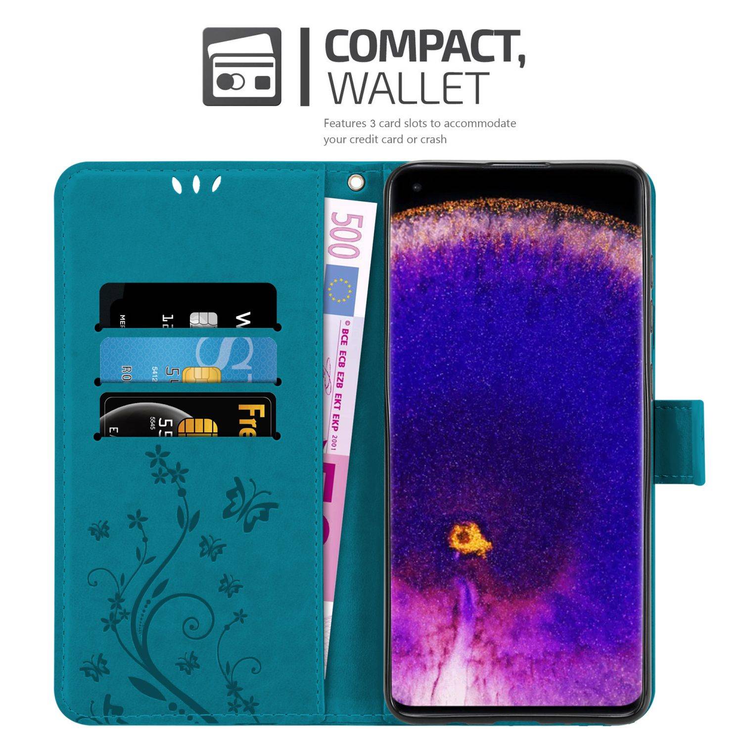 Cadorabo Hülle für Oppo FIND X5 PRO Schutz Hülle in Blau Schutzhülle Handy Hülle Etui Case Blumen Flower