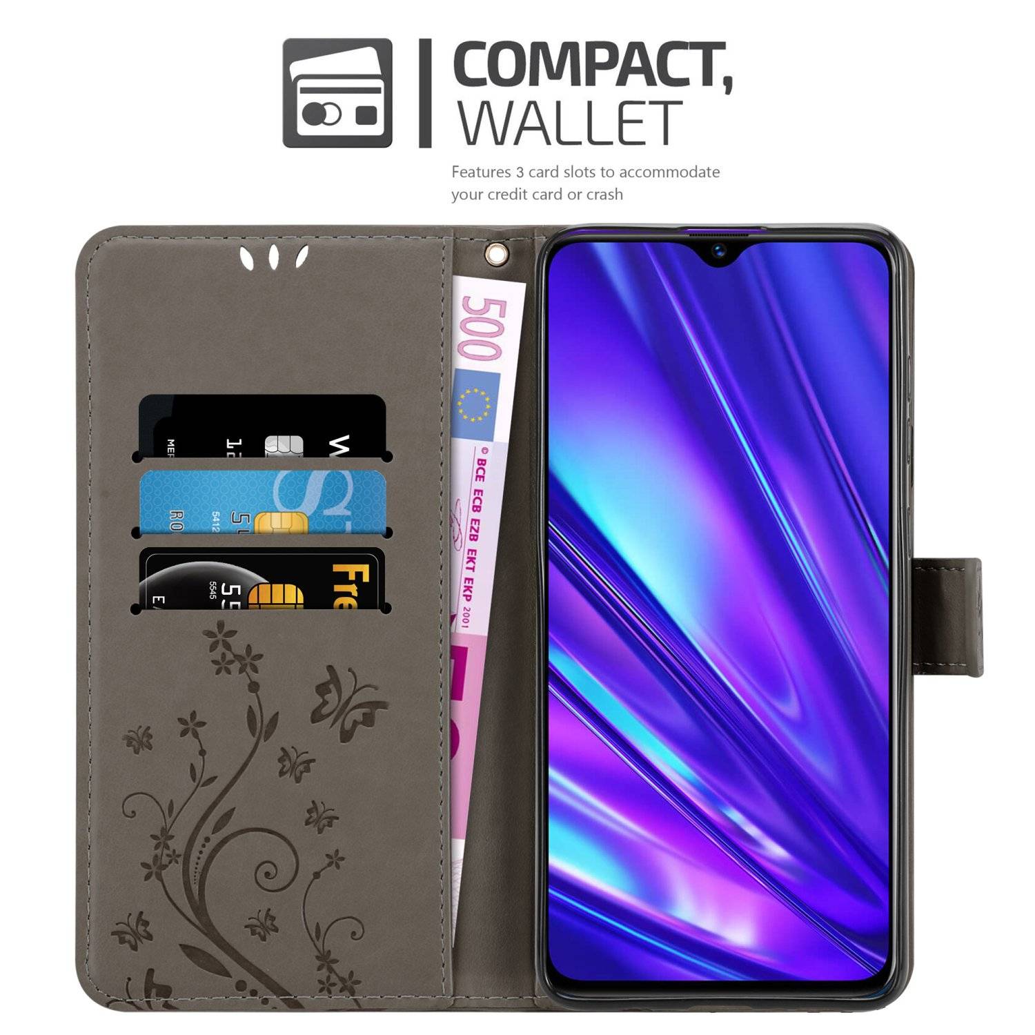 Cadorabo Hülle für Realme 5 / 5i / 6i / C3 Schutz Hülle in Grau Schutzhülle Handy Hülle Etui Case Blumen Flower