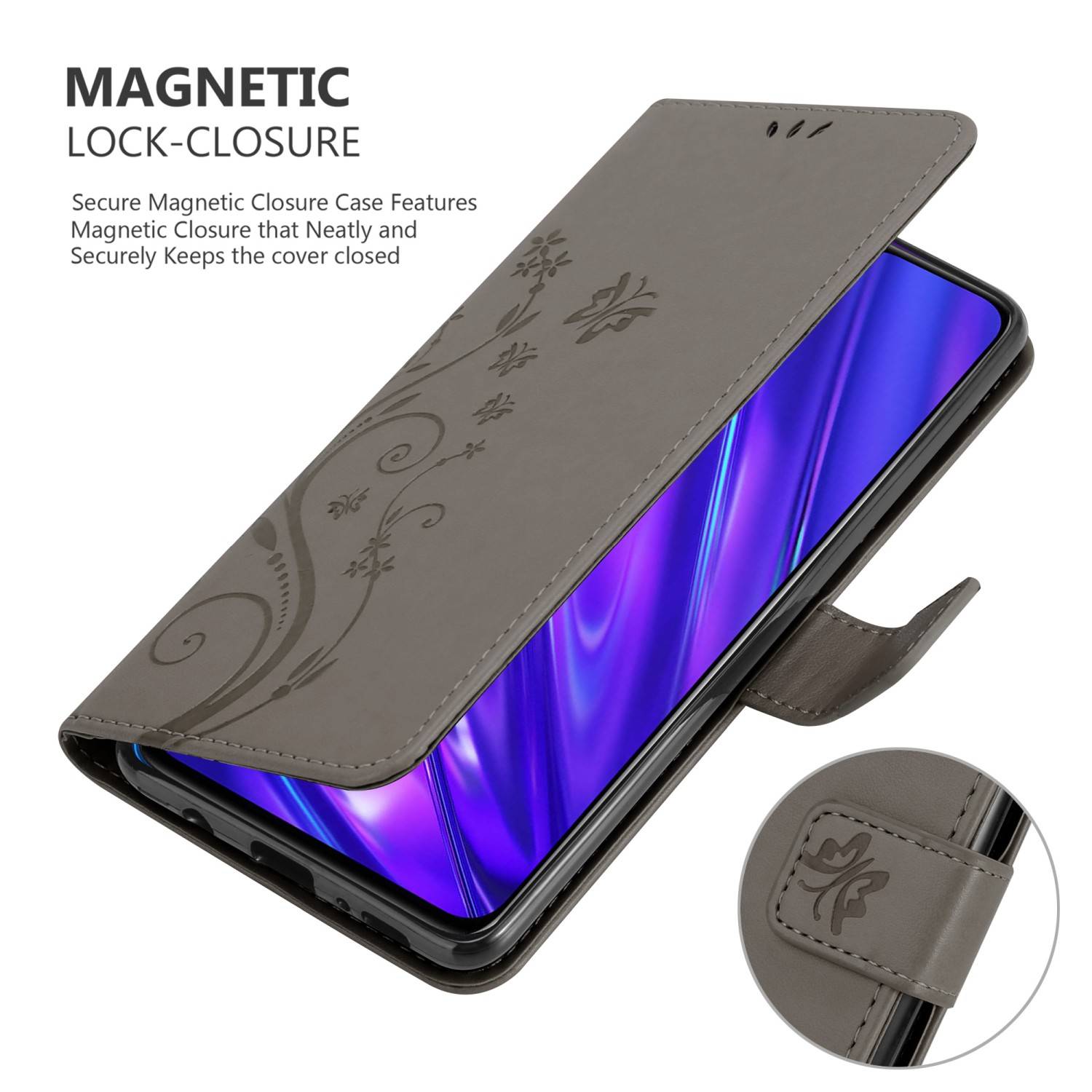 Cadorabo Hülle für Realme 5 / 5i / 6i / C3 Schutz Hülle in Grau Schutzhülle Handy Hülle Etui Case Blumen Flower