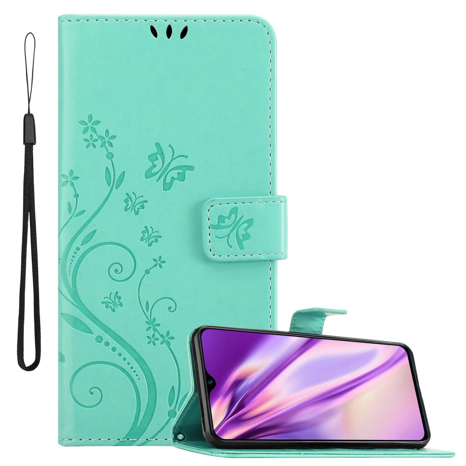 Cadorabo Hülle für Realme 5 / 5i / 6i / C3 Schutz Hülle in Türkis Schutzhülle Handy Hülle Etui Case Blumen Flower