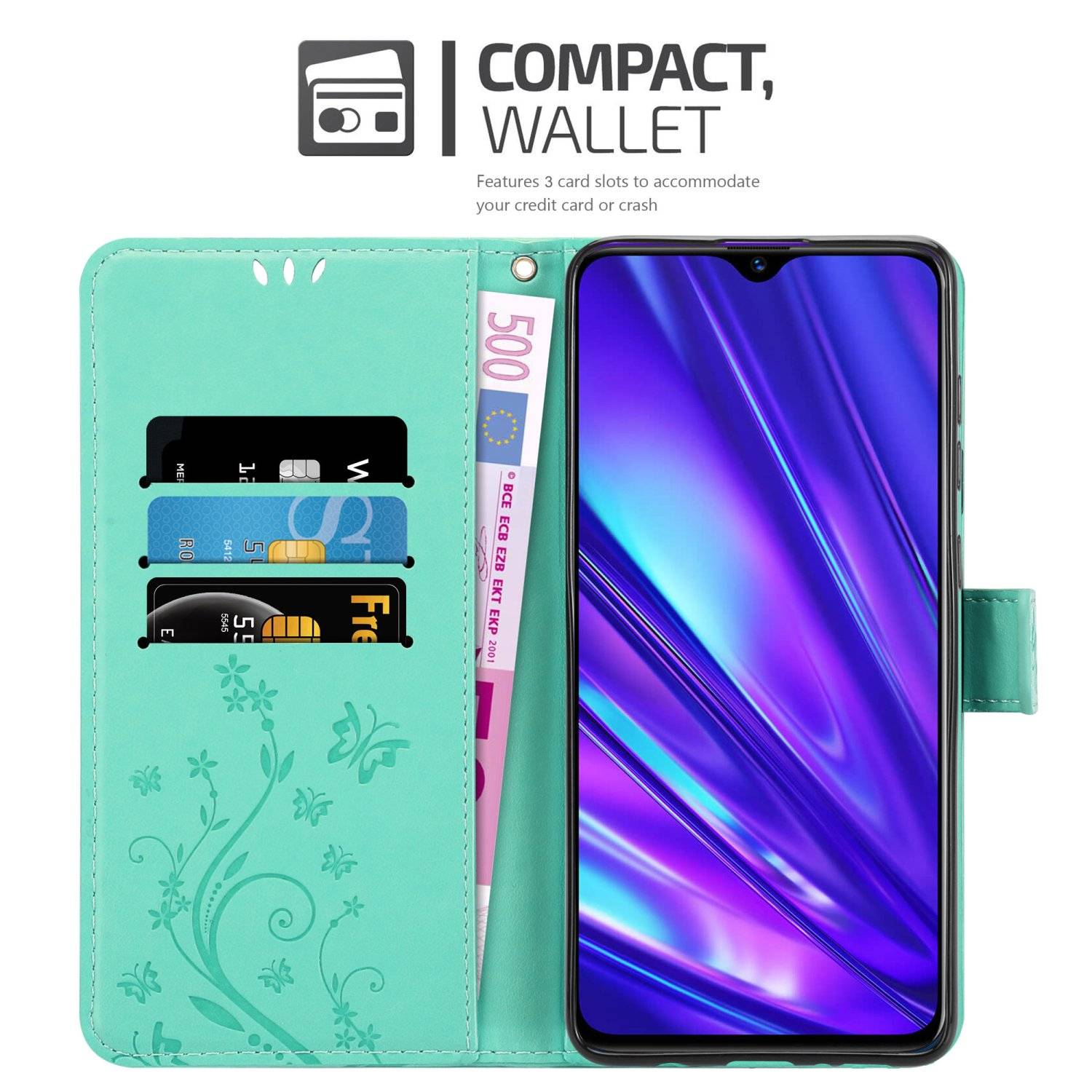 Cadorabo Hülle für Realme 5 / 5i / 6i / C3 Schutz Hülle in Türkis Schutzhülle Handy Hülle Etui Case Blumen Flower