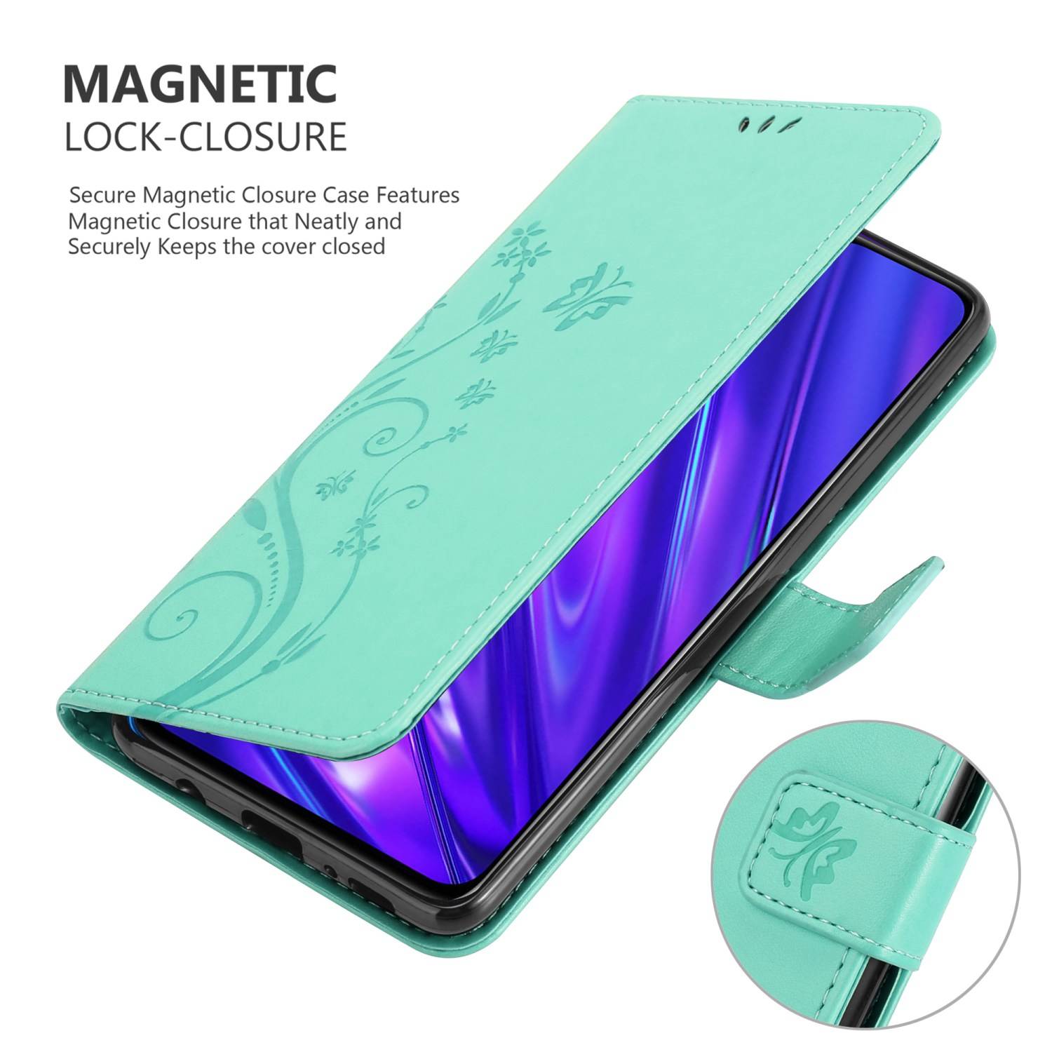 Cadorabo Hülle für Realme 5 / 5i / 6i / C3 Schutz Hülle in Türkis Schutzhülle Handy Hülle Etui Case Blumen Flower
