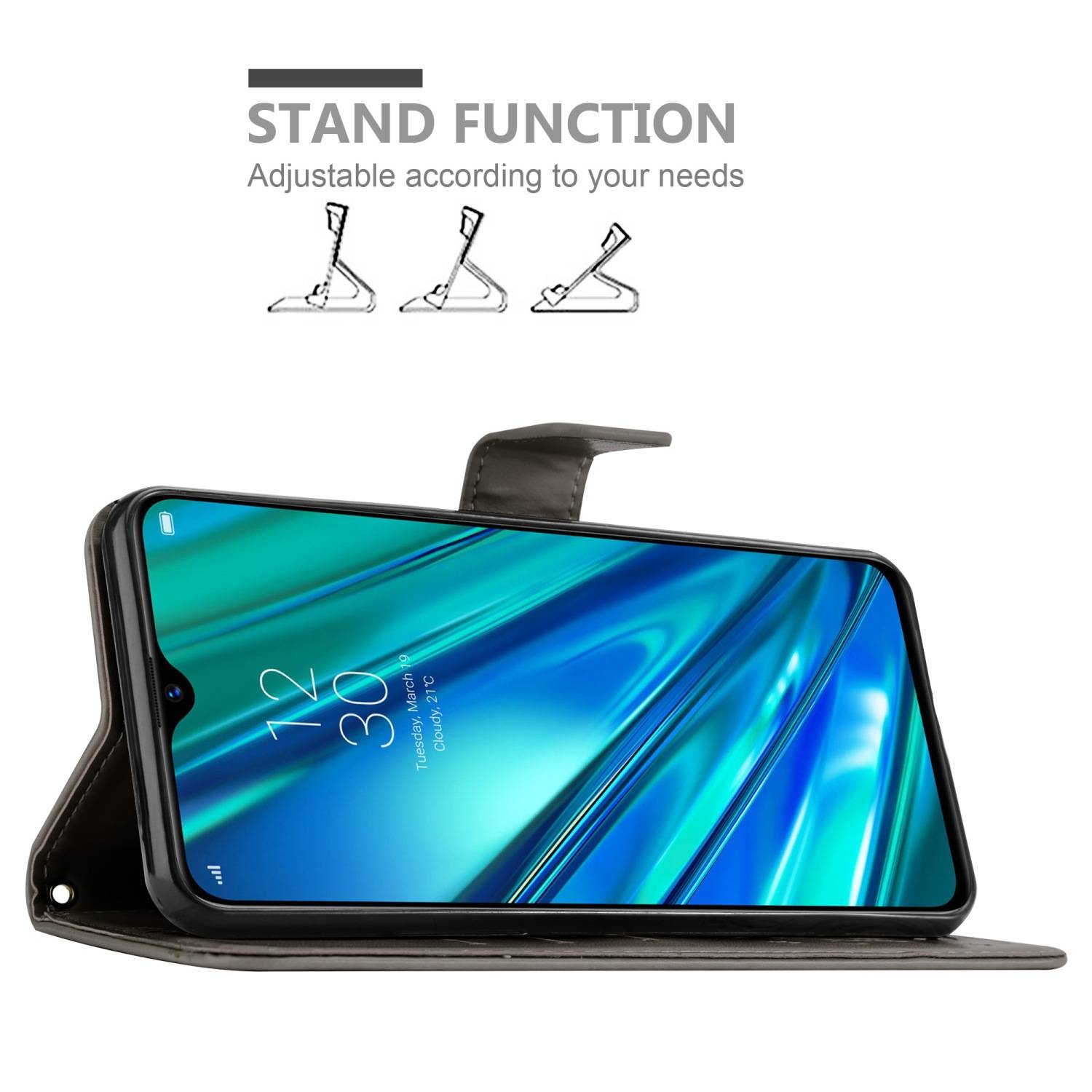 Cadorabo Hülle für Realme 5 PRO / Realme Q Schutz Hülle in Grau Schutzhülle Handy Hülle Etui Case Blumen Flower