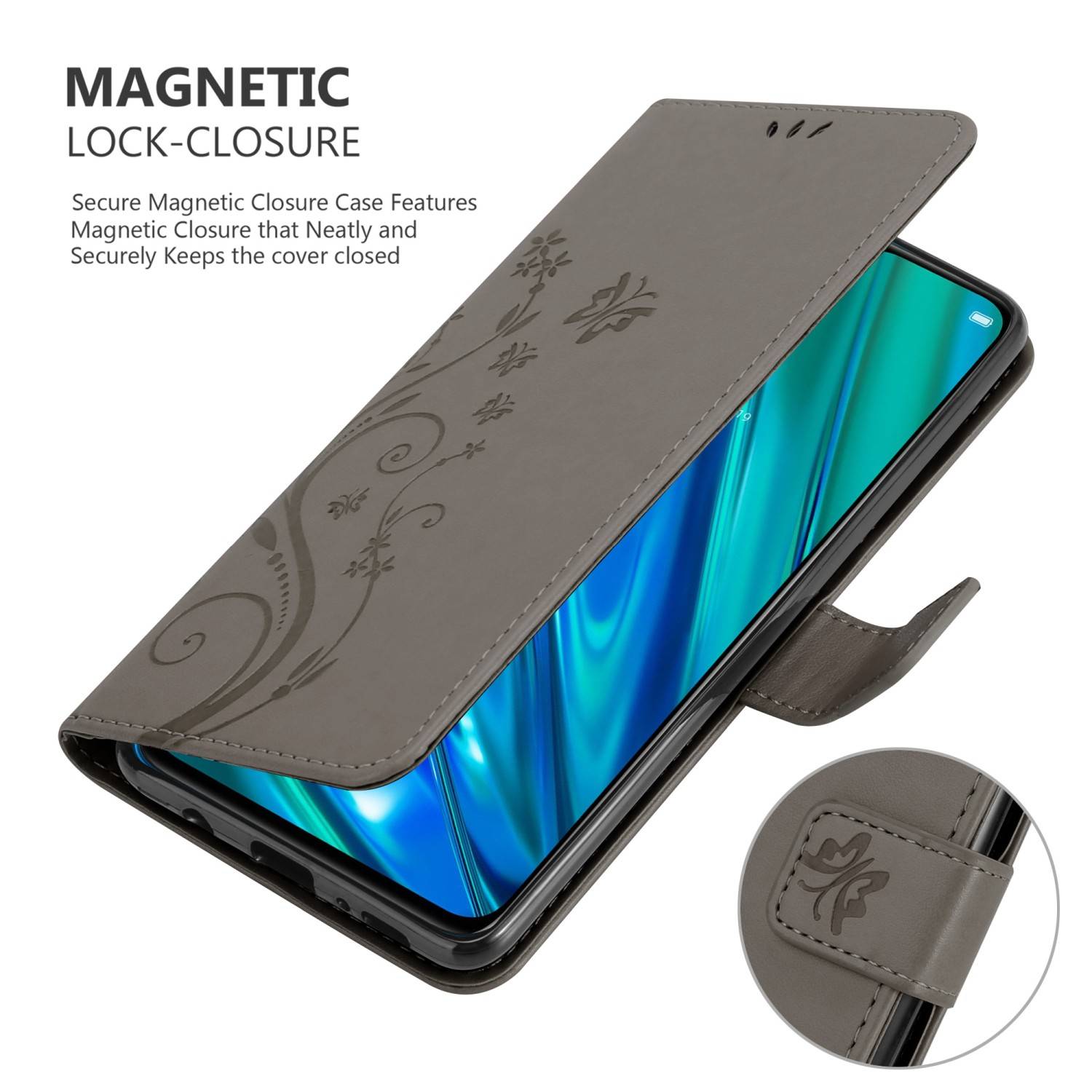 Cadorabo Hülle für Realme 5 PRO / Realme Q Schutz Hülle in Grau Schutzhülle Handy Hülle Etui Case Blumen Flower