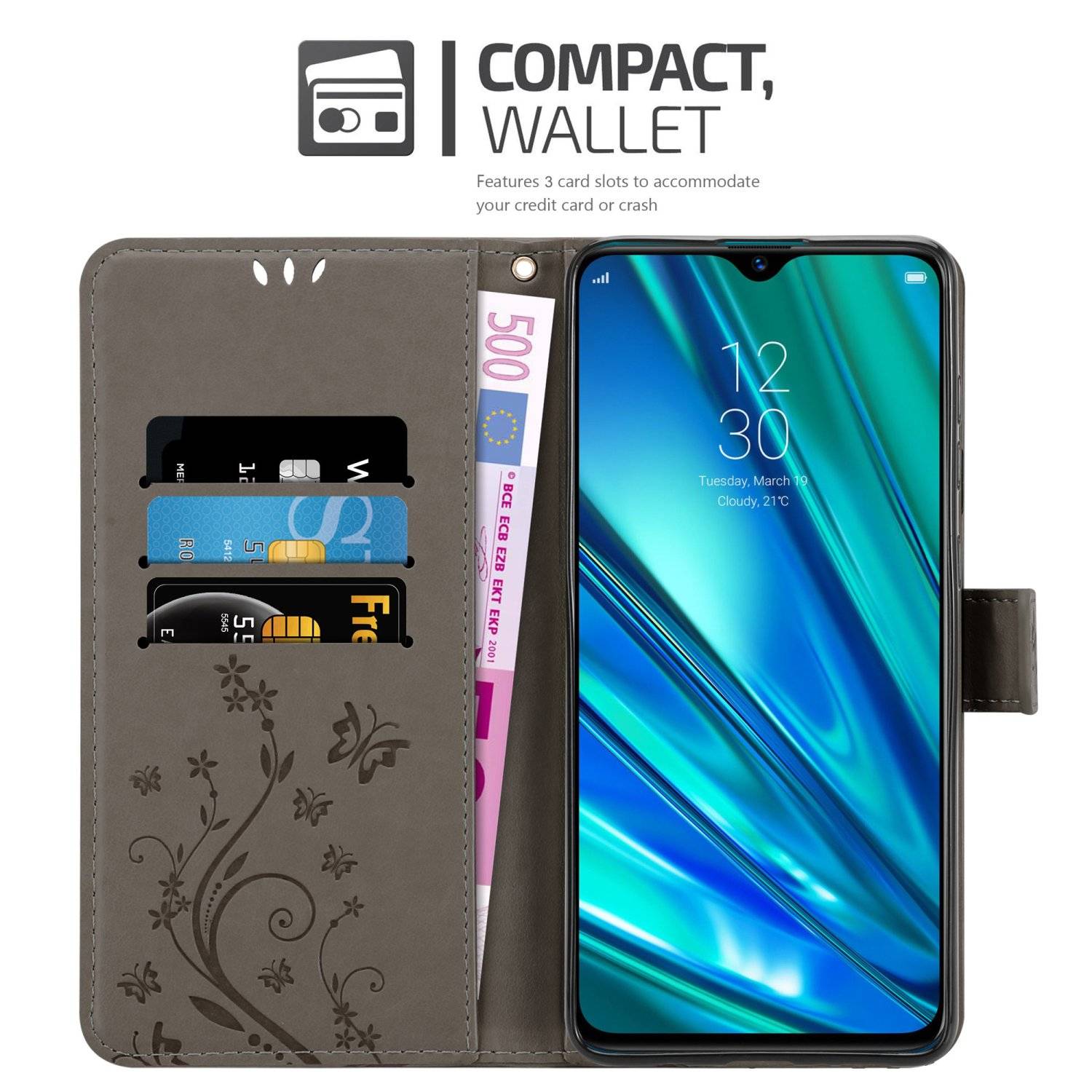 Cadorabo Hülle für Realme 5 PRO / Realme Q Schutz Hülle in Grau Schutzhülle Handy Hülle Etui Case Blumen Flower