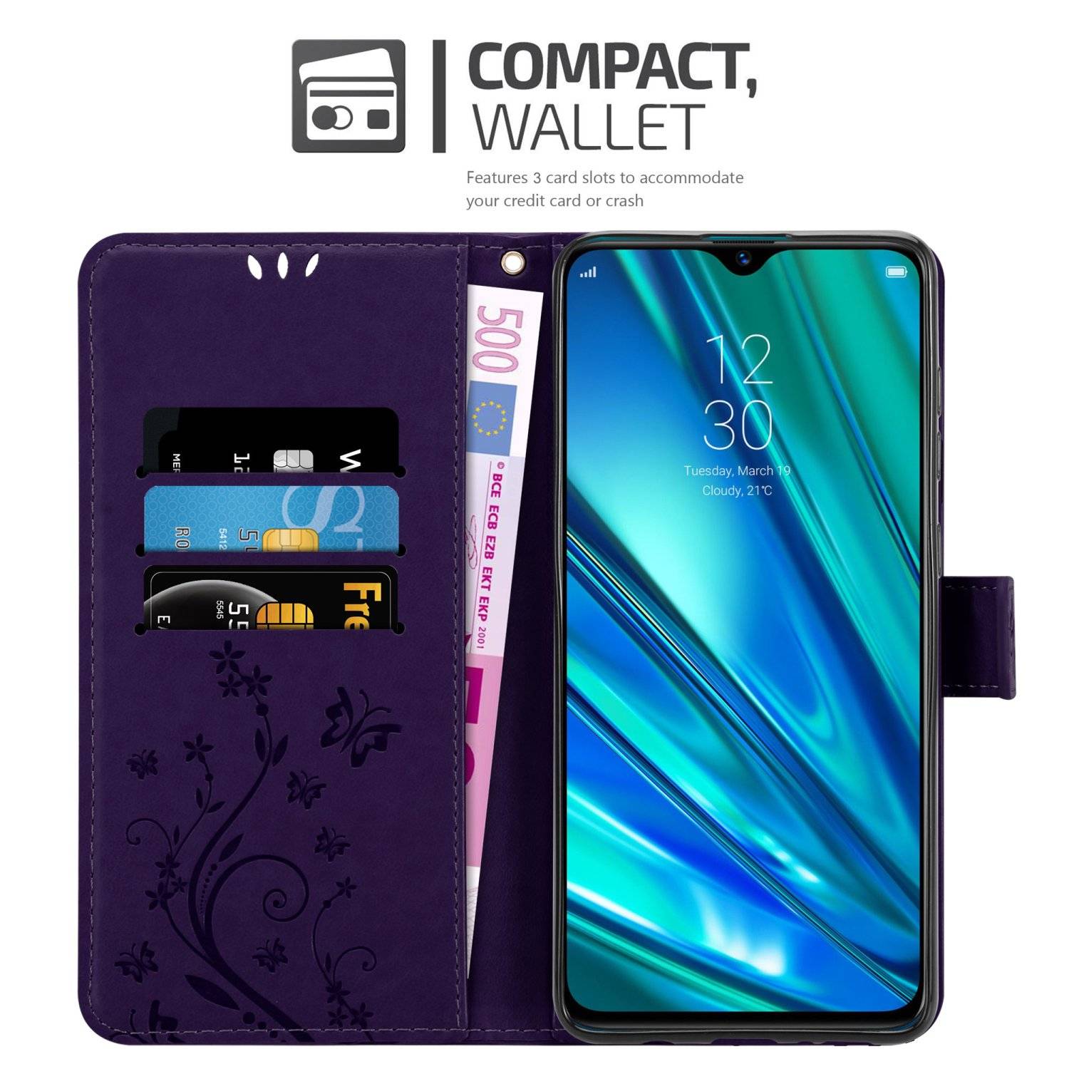 Cadorabo Hülle für Realme 5 PRO / Realme Q Schutz Hülle in Lila Schutzhülle Handy Hülle Etui Case Blumen Flower