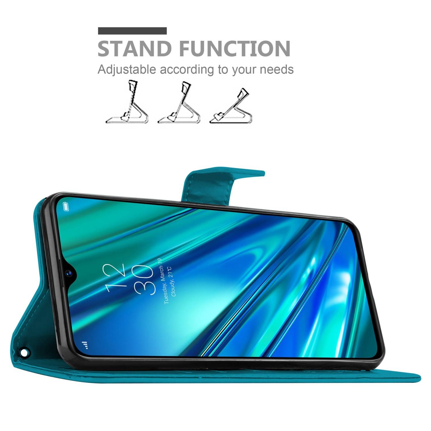 Cadorabo Hülle für Realme 5 PRO / Realme Q Schutz Hülle in Blau Schutzhülle Handy Hülle Etui Case Blumen Flower