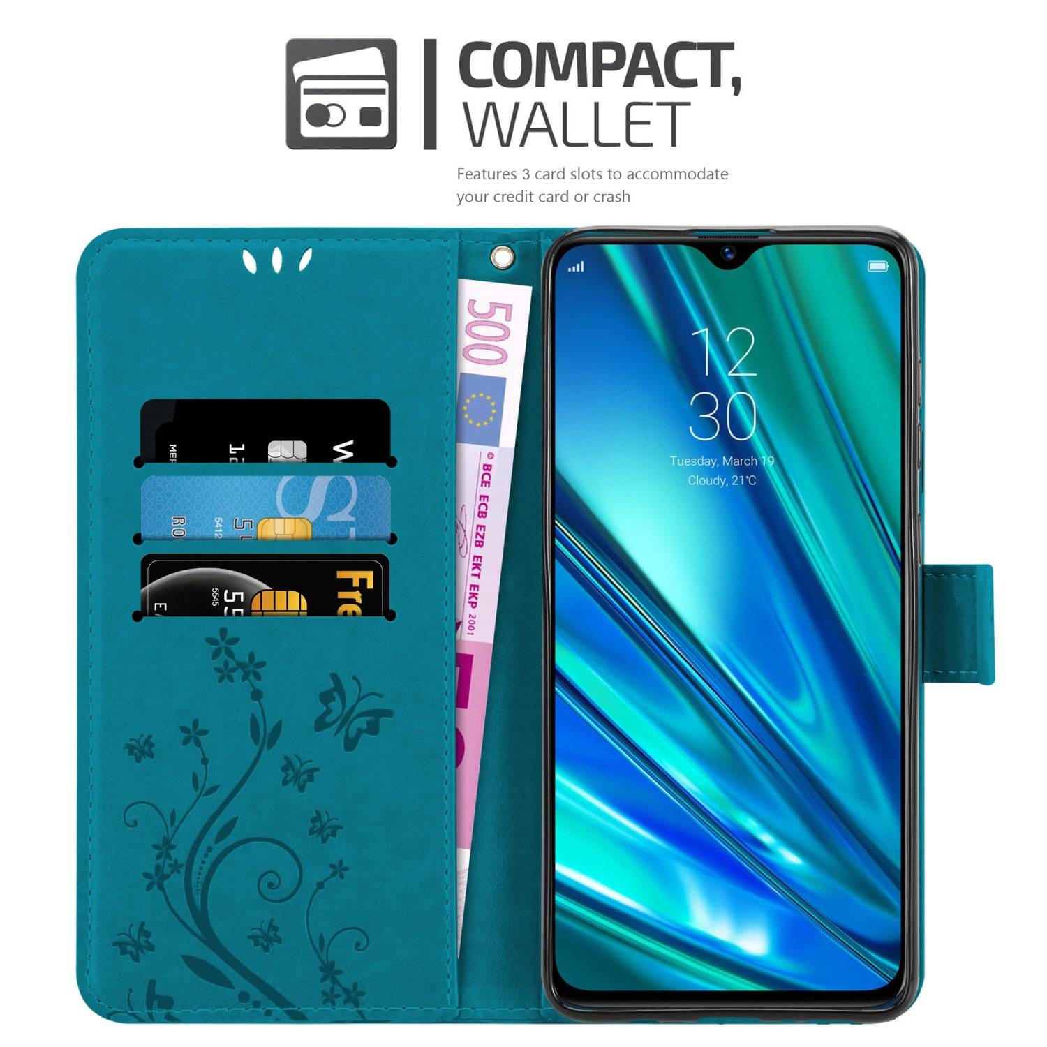 Cadorabo Hülle für Realme 5 PRO / Realme Q Schutz Hülle in Blau Schutzhülle Handy Hülle Etui Case Blumen Flower