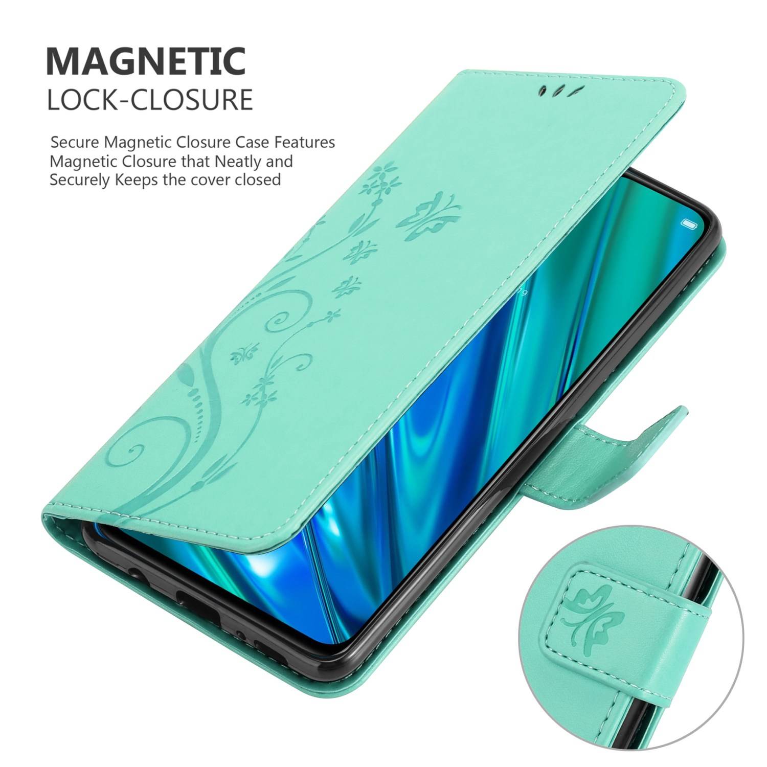 Cadorabo Hülle für Realme 5 PRO / Realme Q Schutz Hülle in Türkis Schutzhülle Handy Hülle Etui Case Blumen Flower