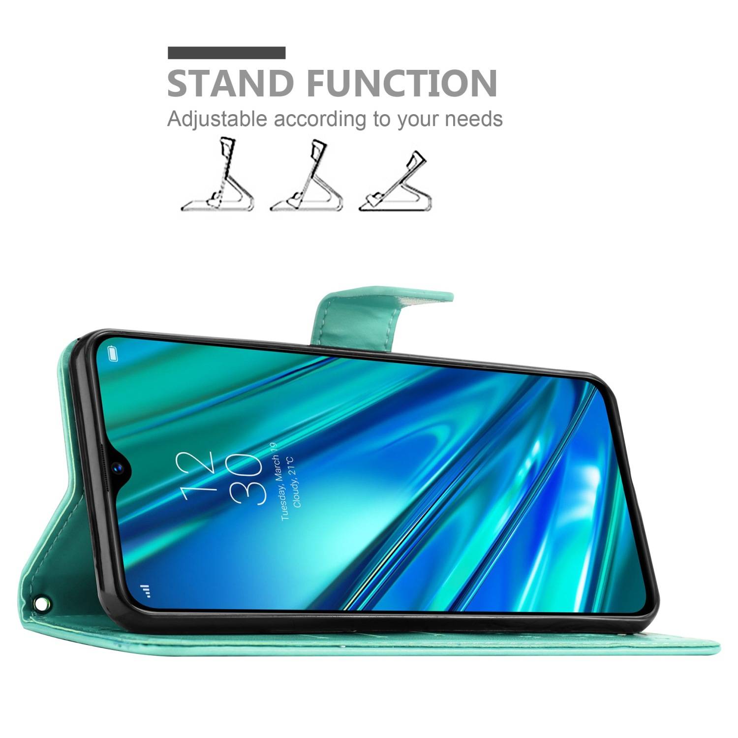 Cadorabo Hülle für Realme 5 PRO / Realme Q Schutz Hülle in Türkis Schutzhülle Handy Hülle Etui Case Blumen Flower