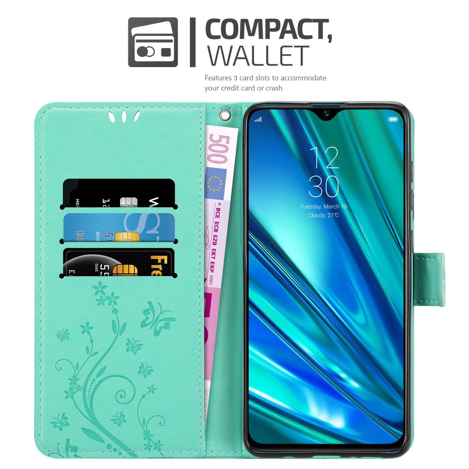 Cadorabo Hülle für Realme 5 PRO / Realme Q Schutz Hülle in Türkis Schutzhülle Handy Hülle Etui Case Blumen Flower
