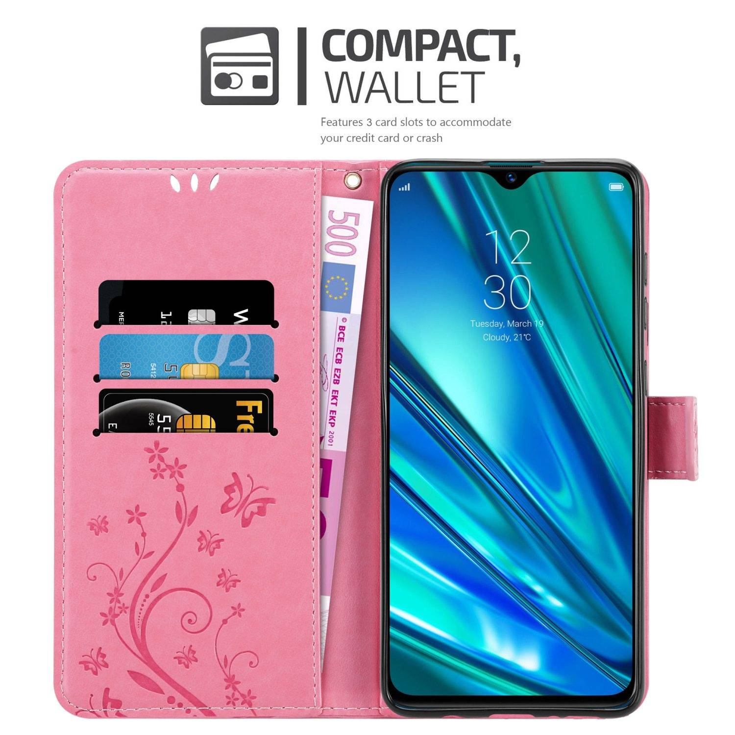 Cadorabo Hülle für Realme 5 PRO / Realme Q Schutz Hülle in Rosa Schutzhülle Handy Hülle Etui Case Blumen Flower