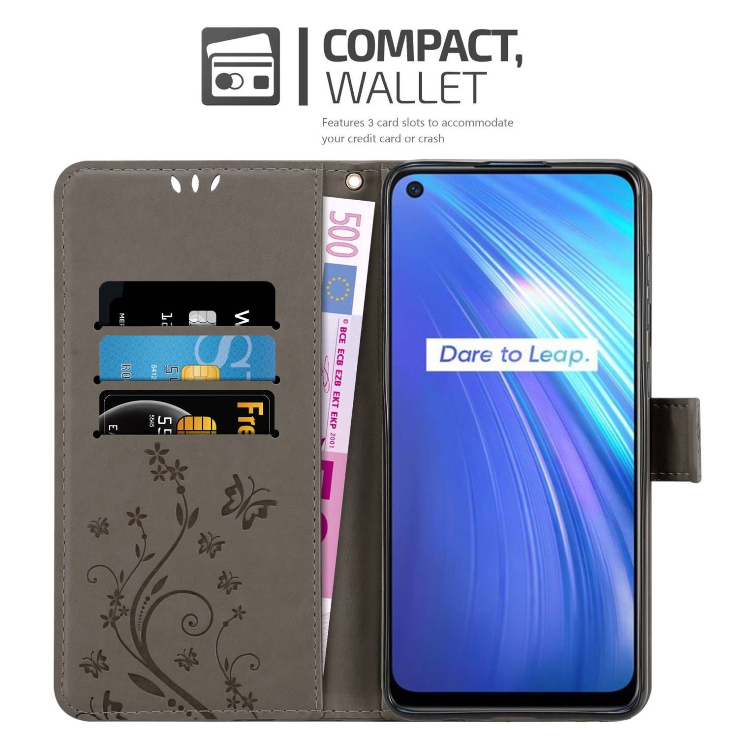 Cadorabo Hülle für Realme 6 4G / 6s Schutz Hülle in Grau Schutzhülle Handy Hülle Etui Case Blumen Flower