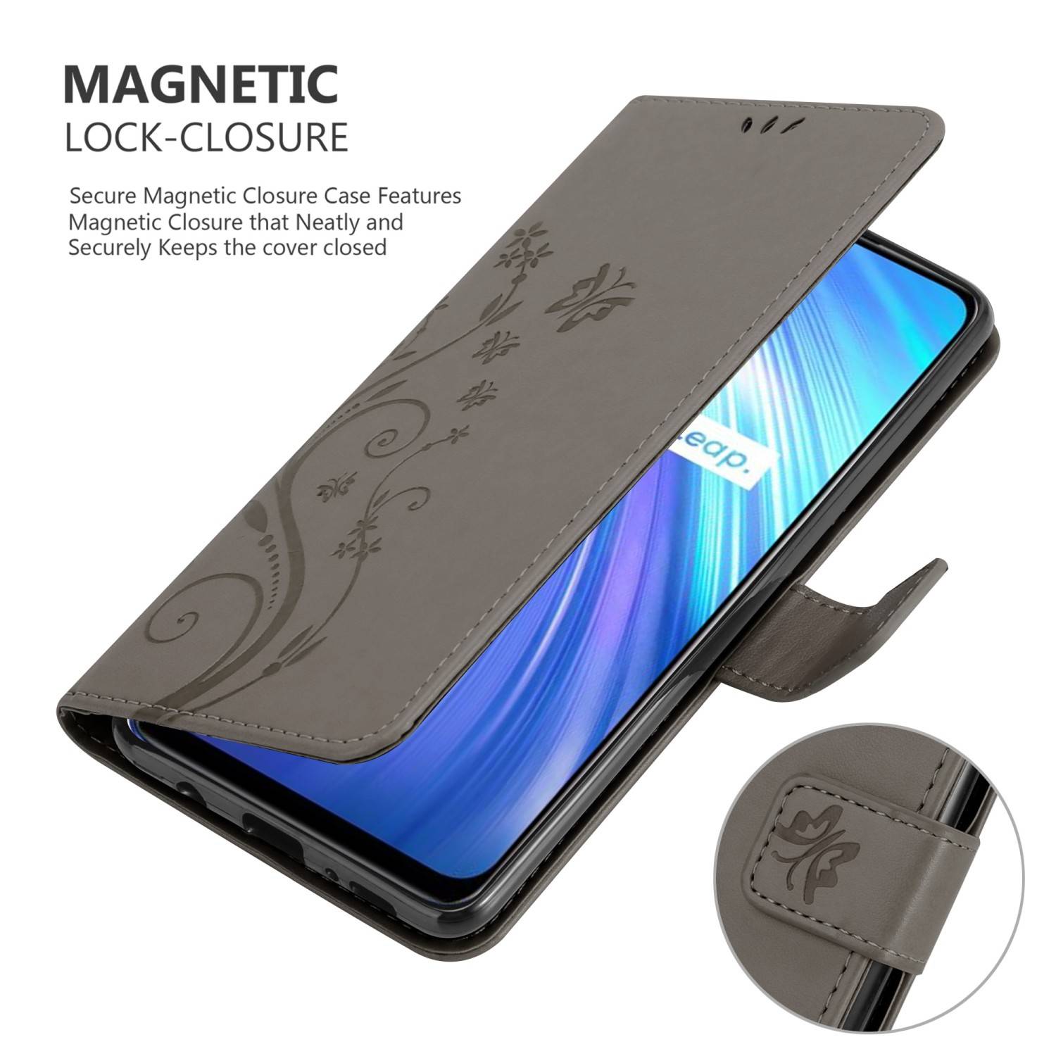 Cadorabo Hülle für Realme 6 4G / 6s Schutz Hülle in Grau Schutzhülle Handy Hülle Etui Case Blumen Flower