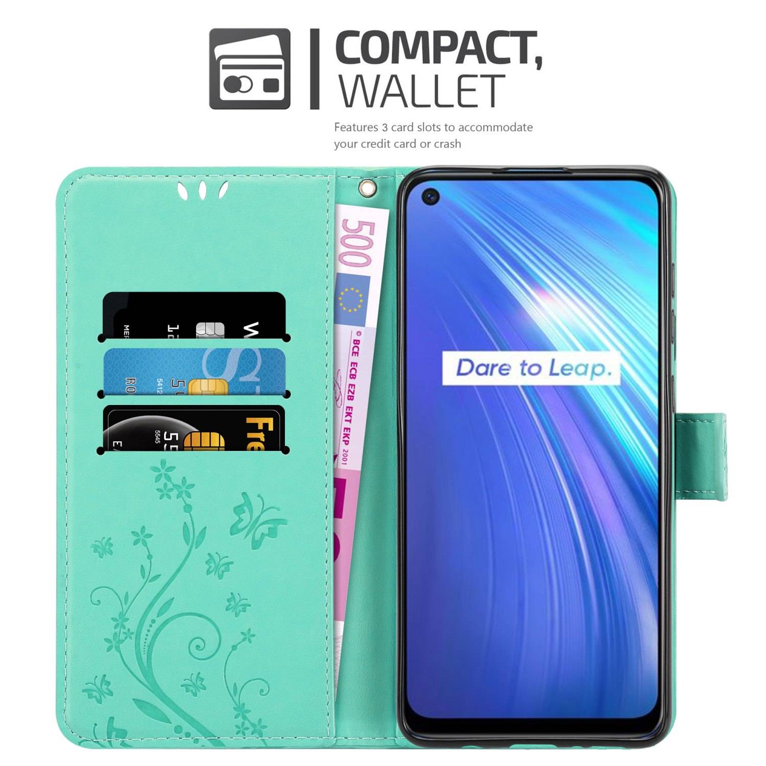 Cadorabo Hülle für Realme 6 4G / 6s Schutz Hülle in Türkis Schutzhülle Handy Hülle Etui Case Blumen Flower