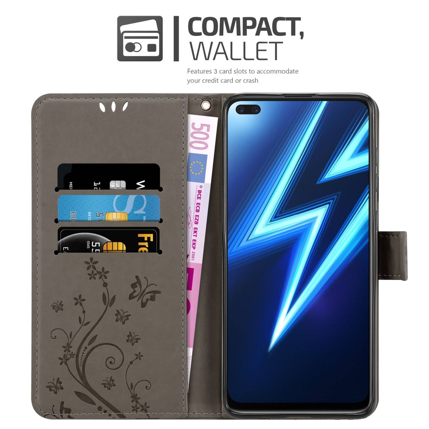 Cadorabo Hülle für Realme 6 PRO Schutz Hülle in Grau Schutzhülle Handy Hülle Etui Case Blumen Flower