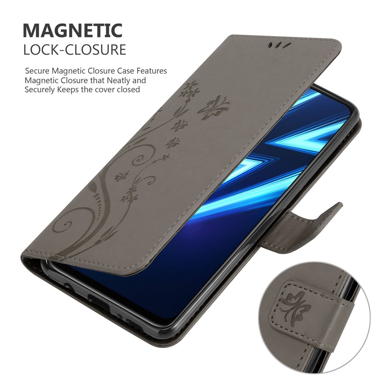 Cadorabo Hülle für Realme 6 PRO Schutz Hülle in Grau Schutzhülle Handy Hülle Etui Case Blumen Flower