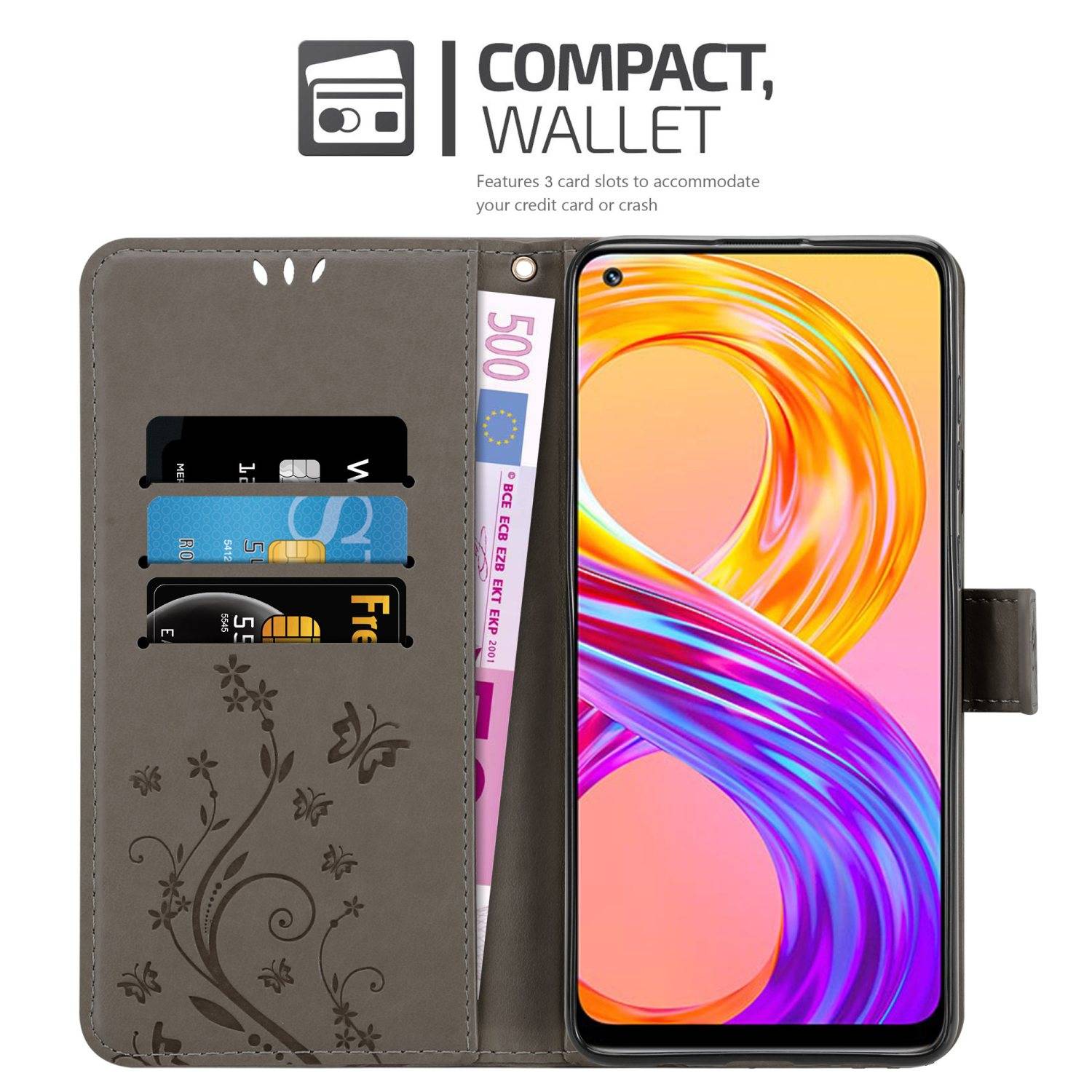 Cadorabo Hülle für Realme 8 4G / 8 PRO Schutz Hülle in Grau Schutzhülle Handy Hülle Etui Case Blumen Flower
