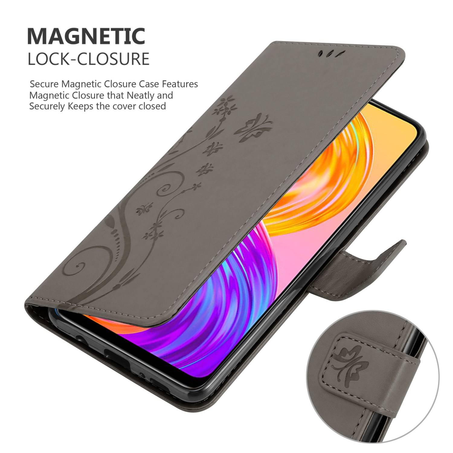 Cadorabo Hülle für Realme 8 4G / 8 PRO Schutz Hülle in Grau Schutzhülle Handy Hülle Etui Case Blumen Flower